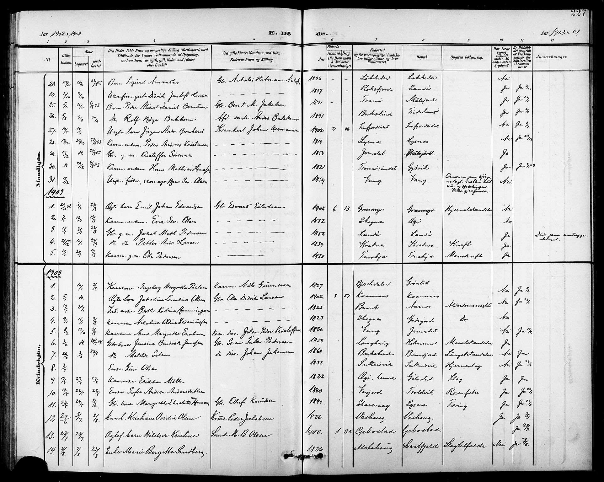 Lenvik sokneprestembete, SATØ/S-1310/H/Ha/Hab/L0008klokker: Parish register (copy) no. 8, 1899-1911, p. 227