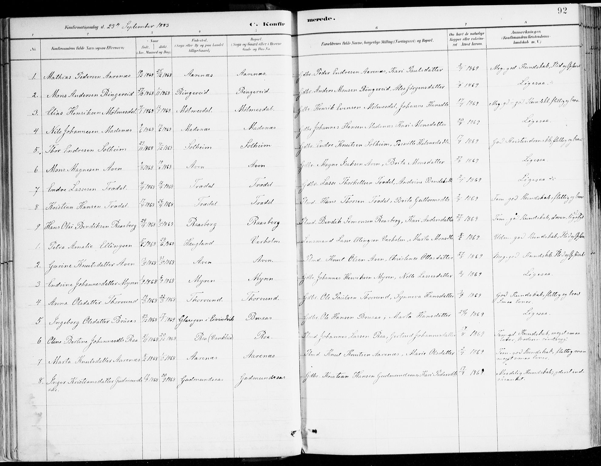 Lavik sokneprestembete, AV/SAB-A-80901: Parish register (official) no. B 1, 1882-1908, p. 92