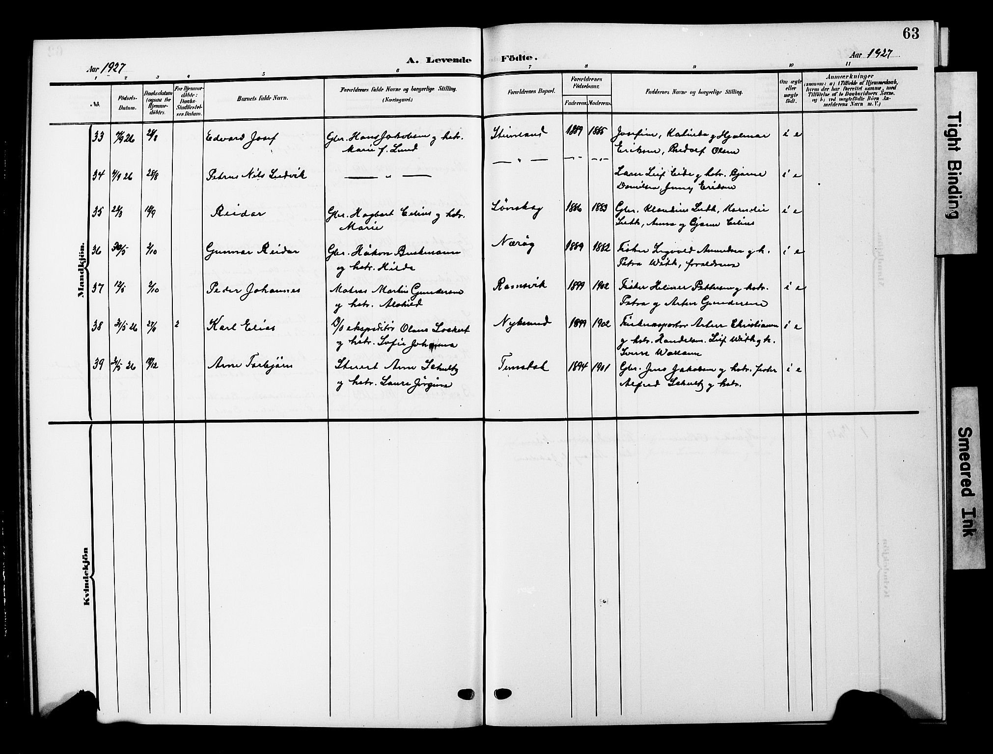 Ministerialprotokoller, klokkerbøker og fødselsregistre - Nordland, AV/SAT-A-1459/893/L1350: Parish register (copy) no. 893C05, 1906-1927, p. 63
