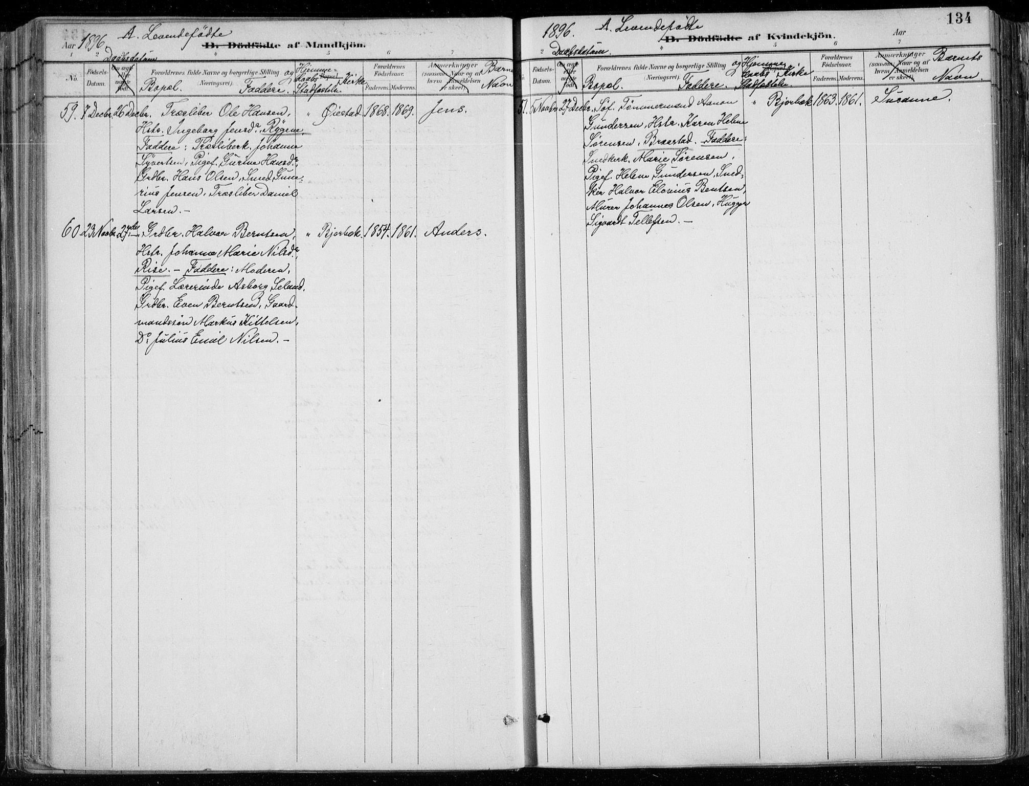 Øyestad sokneprestkontor, AV/SAK-1111-0049/F/Fa/L0017: Parish register (official) no. A 17, 1887-1896, p. 134