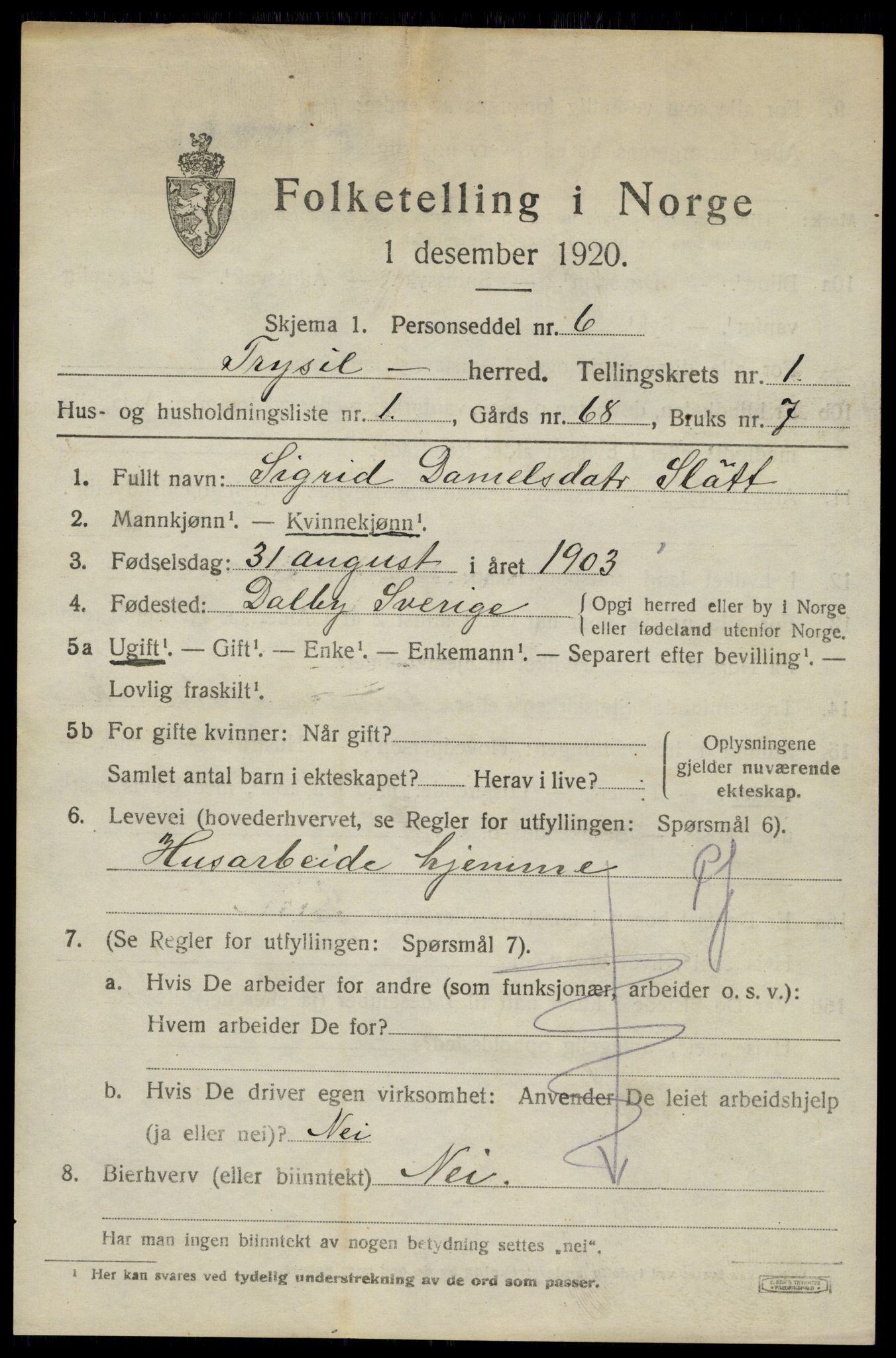 SAH, 1920 census for Trysil, 1920, p. 2547