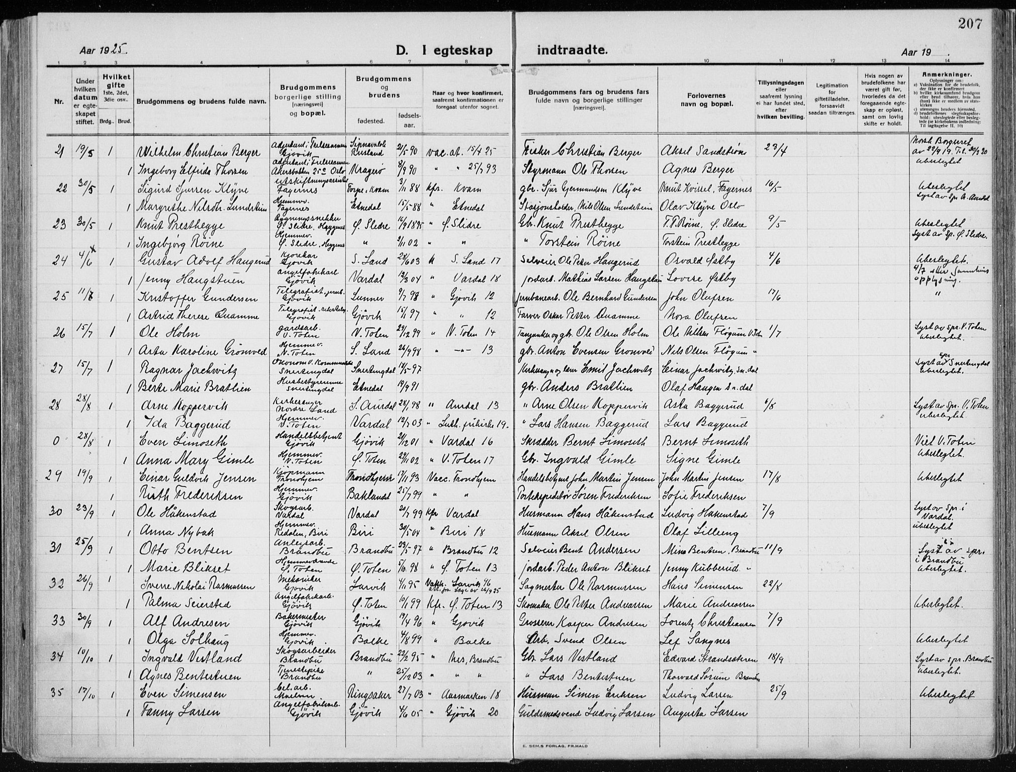Vardal prestekontor, AV/SAH-PREST-100/H/Ha/Haa/L0015: Parish register (official) no. 15, 1923-1937, p. 207