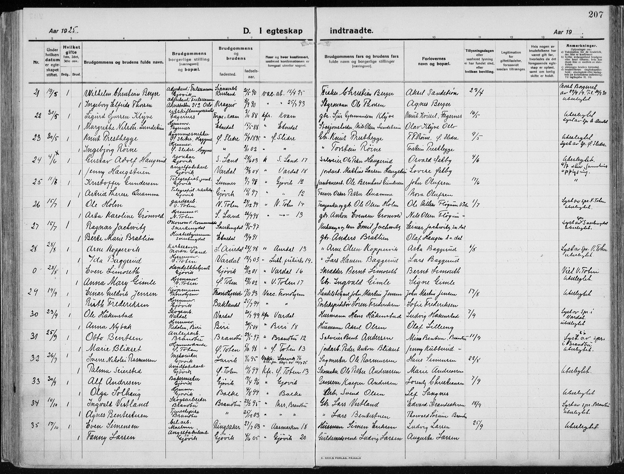 Vardal prestekontor, SAH/PREST-100/H/Ha/Haa/L0015: Parish register (official) no. 15, 1923-1937, p. 207