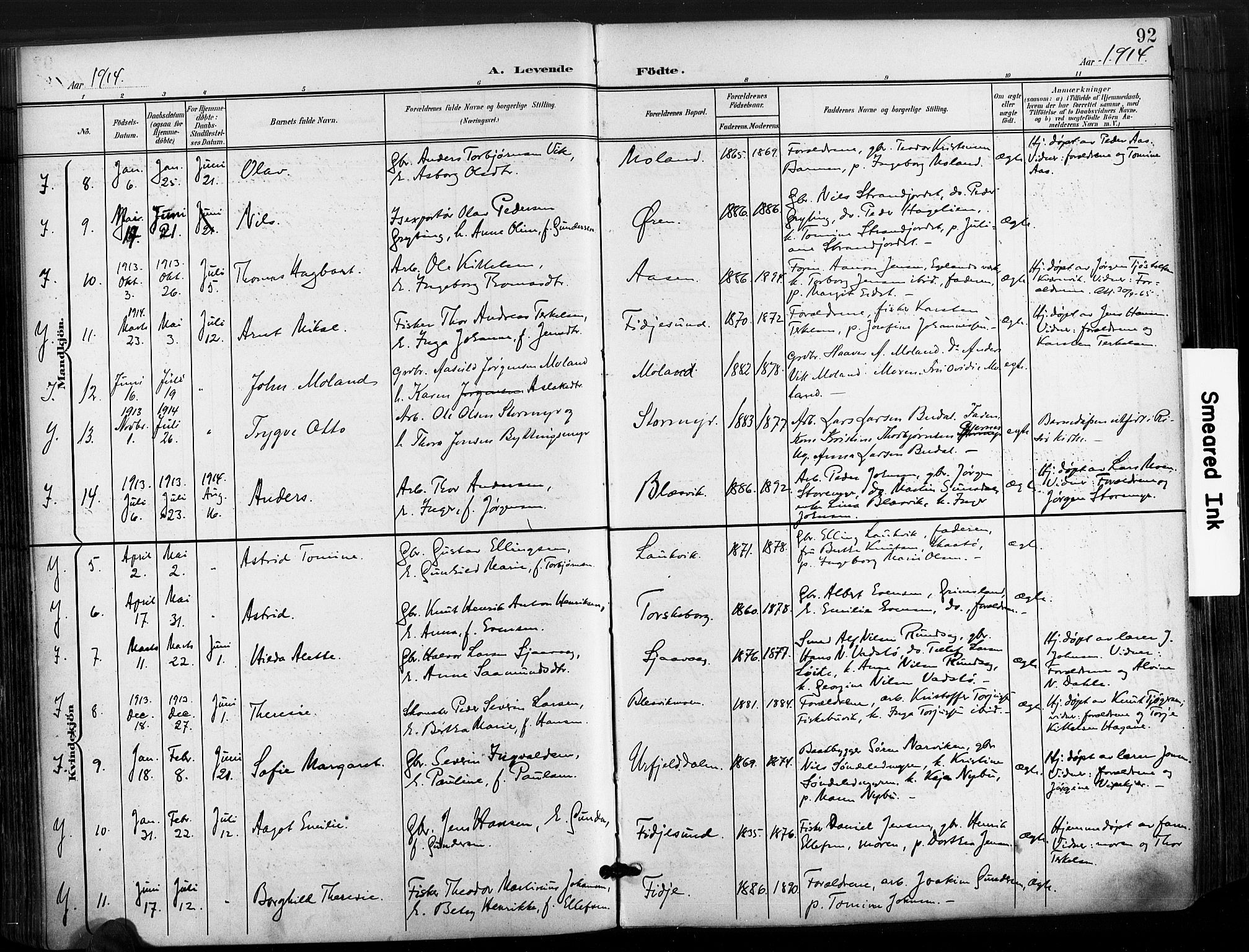 Søndeled sokneprestkontor, AV/SAK-1111-0038/F/Fa/L0006: Parish register (official) no. A 6, 1900-1922, p. 92