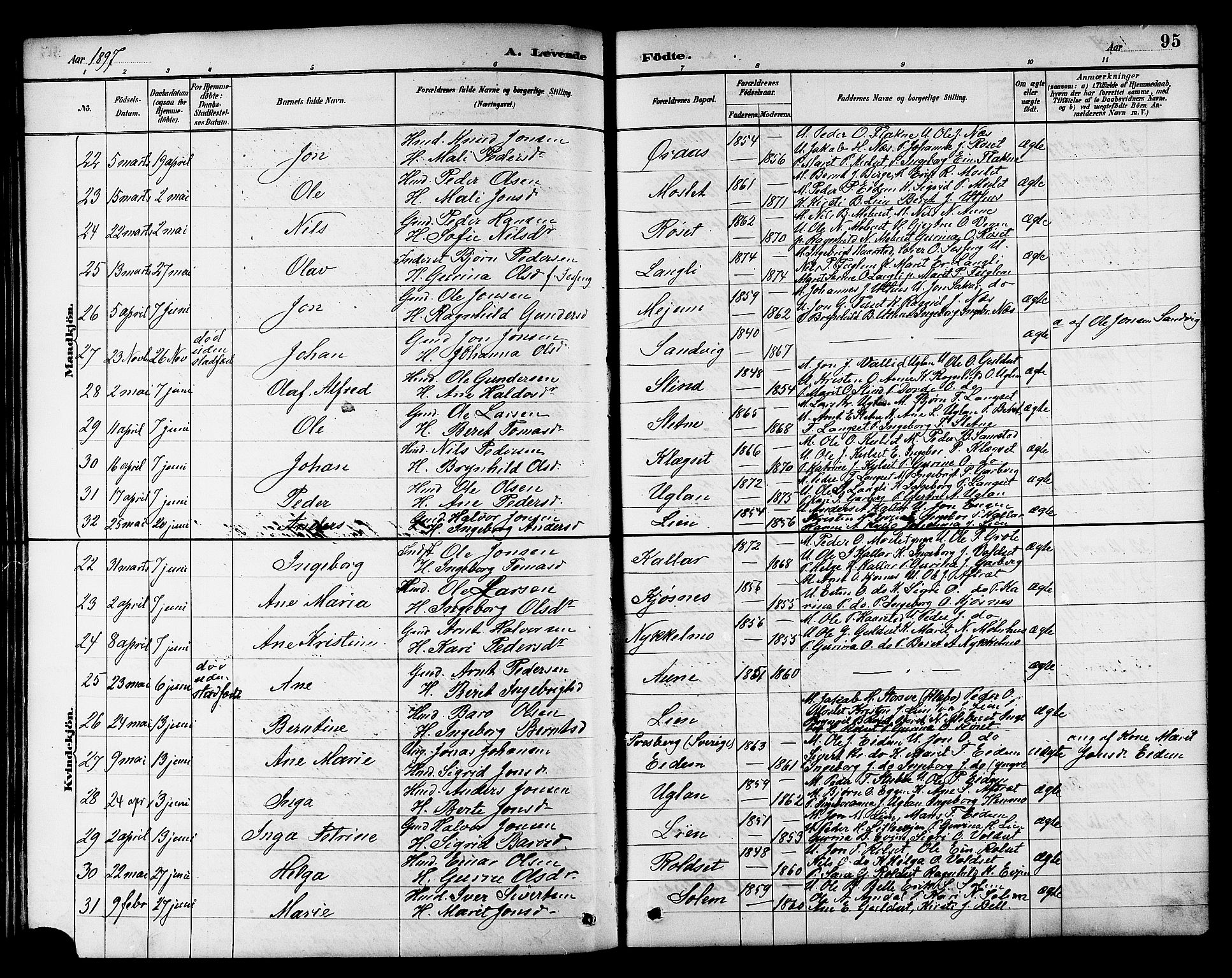 Ministerialprotokoller, klokkerbøker og fødselsregistre - Sør-Trøndelag, AV/SAT-A-1456/695/L1157: Parish register (copy) no. 695C08, 1889-1913, p. 95