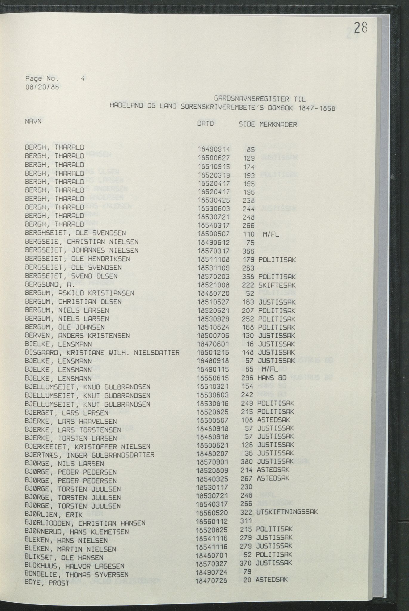 Statsarkivet i Hamar, AV/SAH-SAH-001/H/Hb/L0001/0004: Egne registre og hjelpemidler / Register  til Hadeland og Land sorenskriveri dombok 1 (1847 - 1858), 1847-1858, p. 28