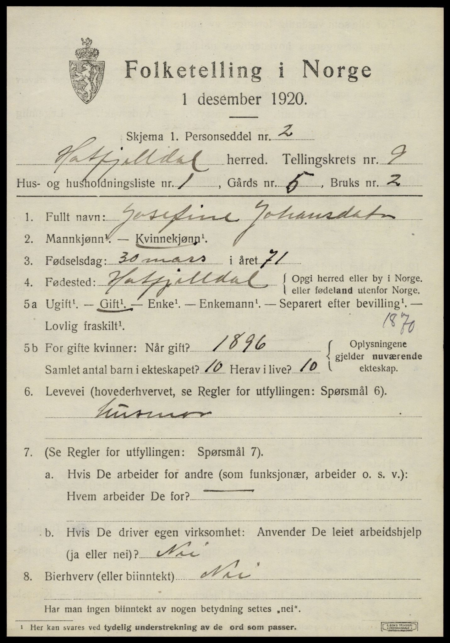 SAT, 1920 census for Hattfjelldal, 1920, p. 2156