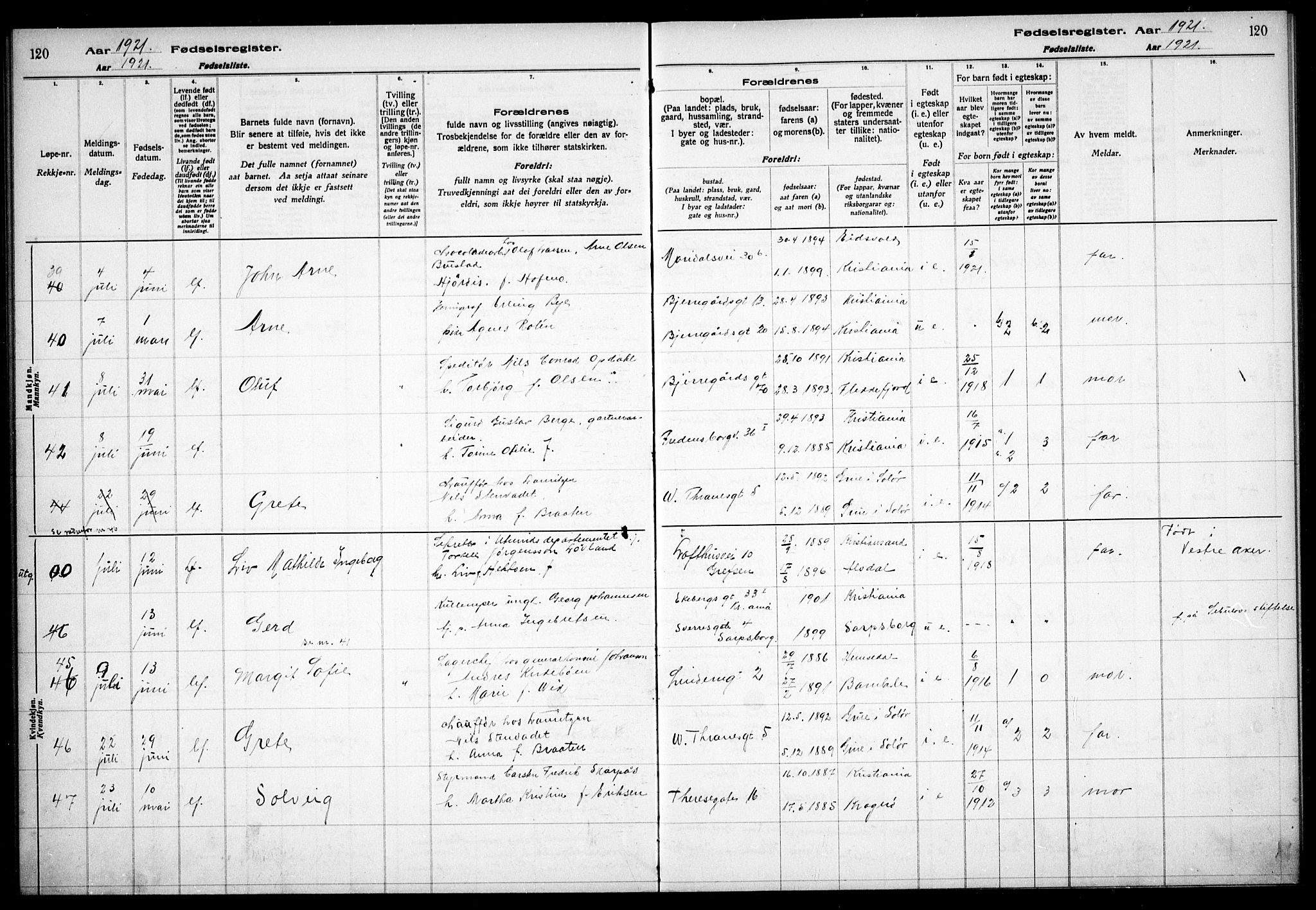 Gamle Aker prestekontor Kirkebøker, AV/SAO-A-10617a/J/L0001: Birth register no. 1, 1916-1927, p. 120