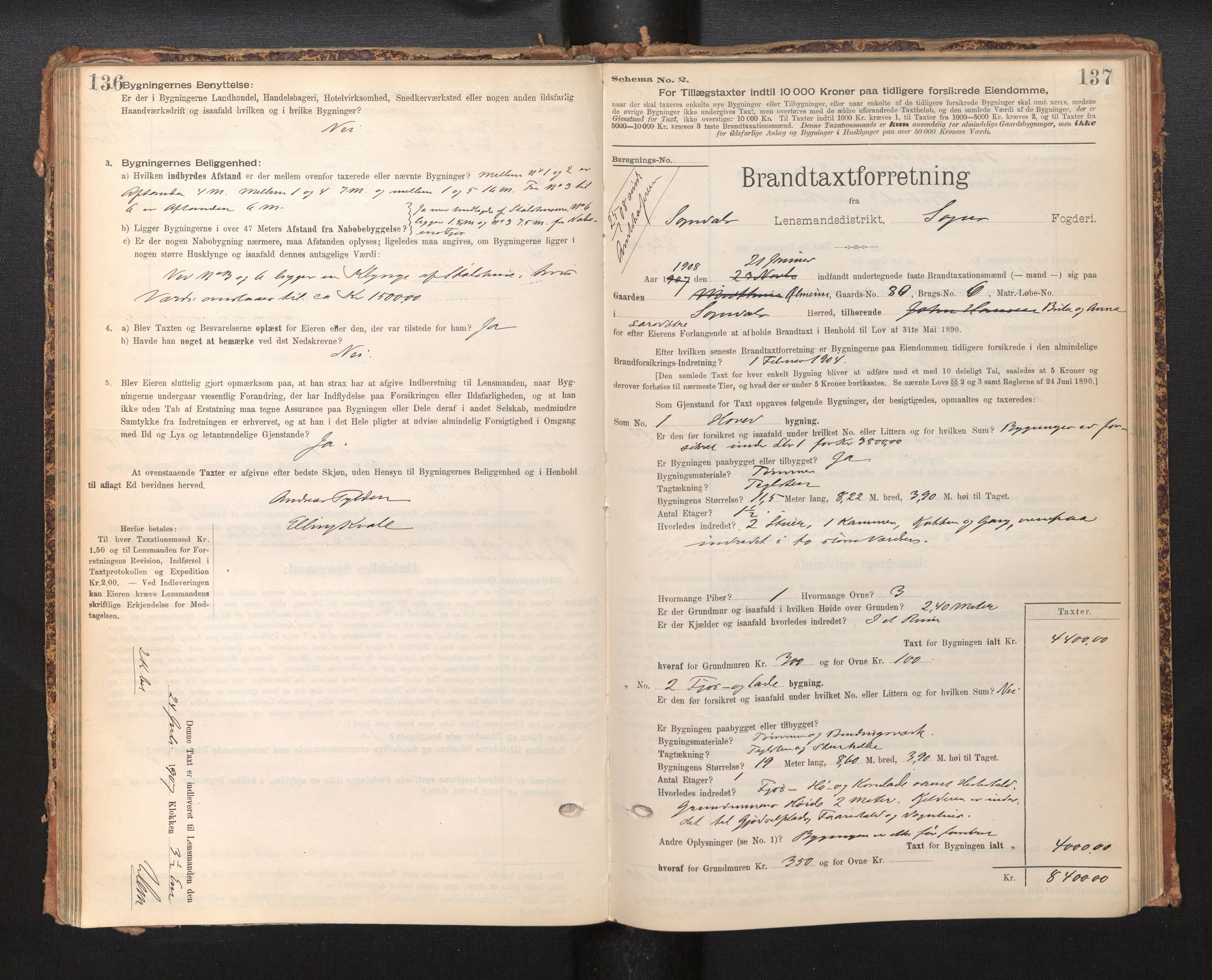 Lensmannen i Sogndal, SAB/A-29901/0012/L0009: Branntakstprotokoll, skjematakst, 1901-1914, p. 136-137