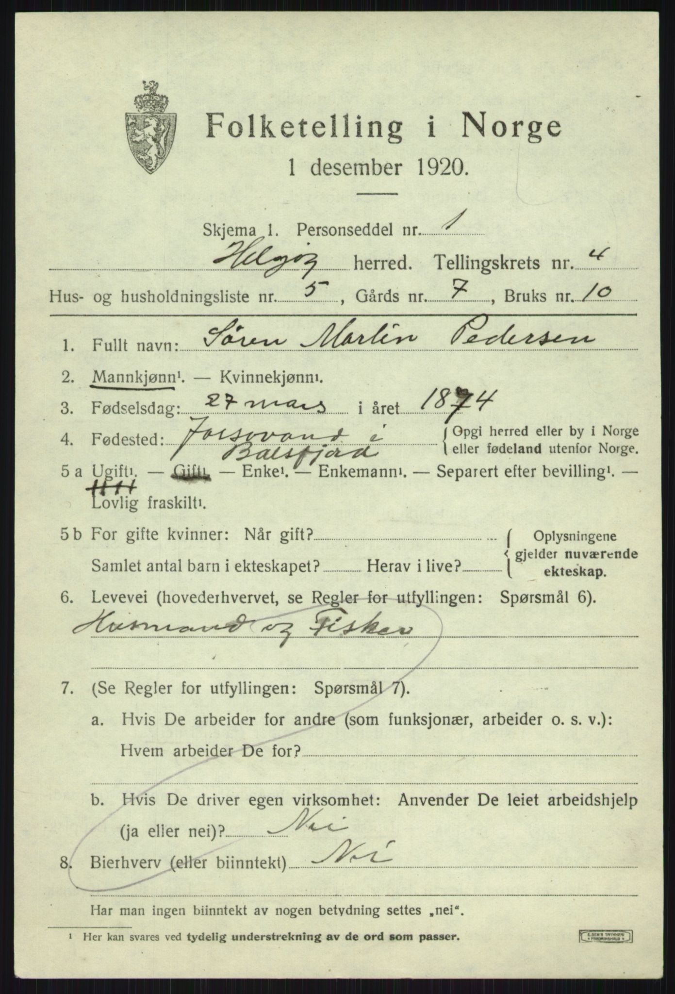 SATØ, 1920 census for Helgøy, 1920, p. 1704