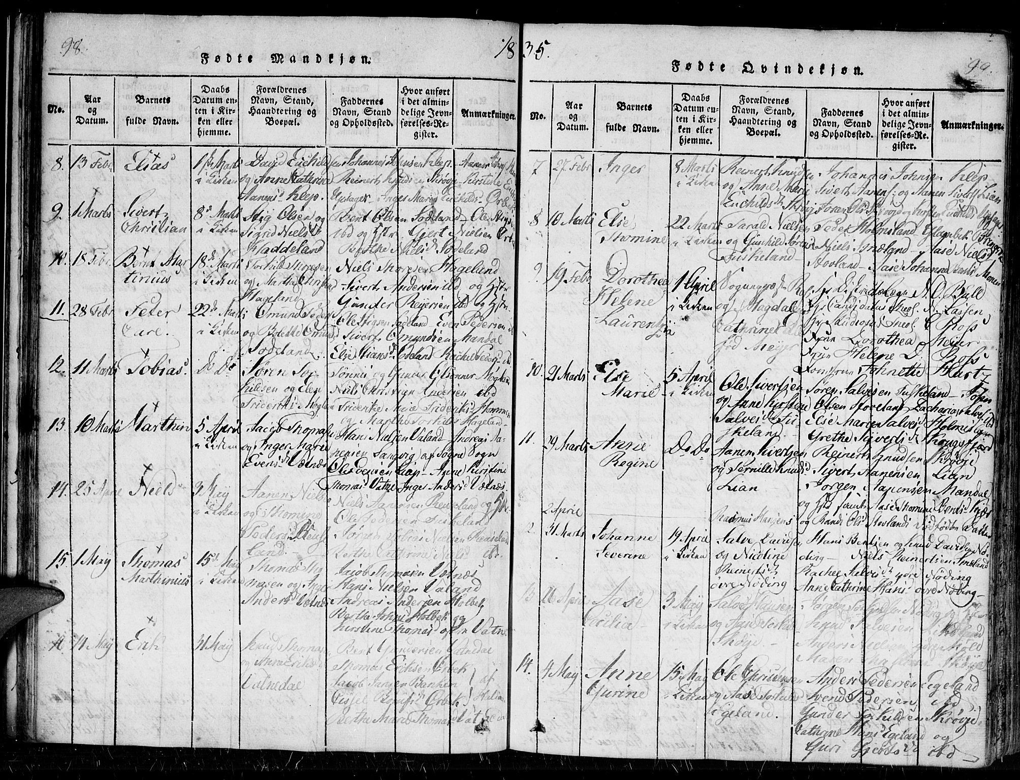 Holum sokneprestkontor, AV/SAK-1111-0022/F/Fa/Faa/L0004: Parish register (official) no. A 4, 1820-1849, p. 98-99