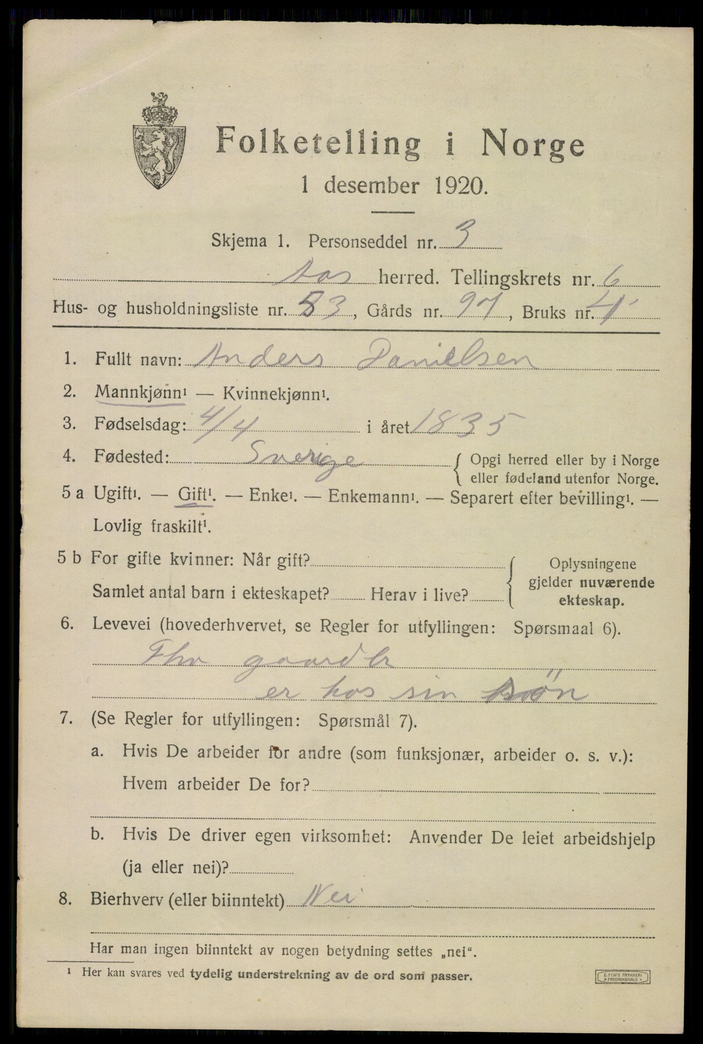 SAO, 1920 census for Ås, 1920, p. 7408