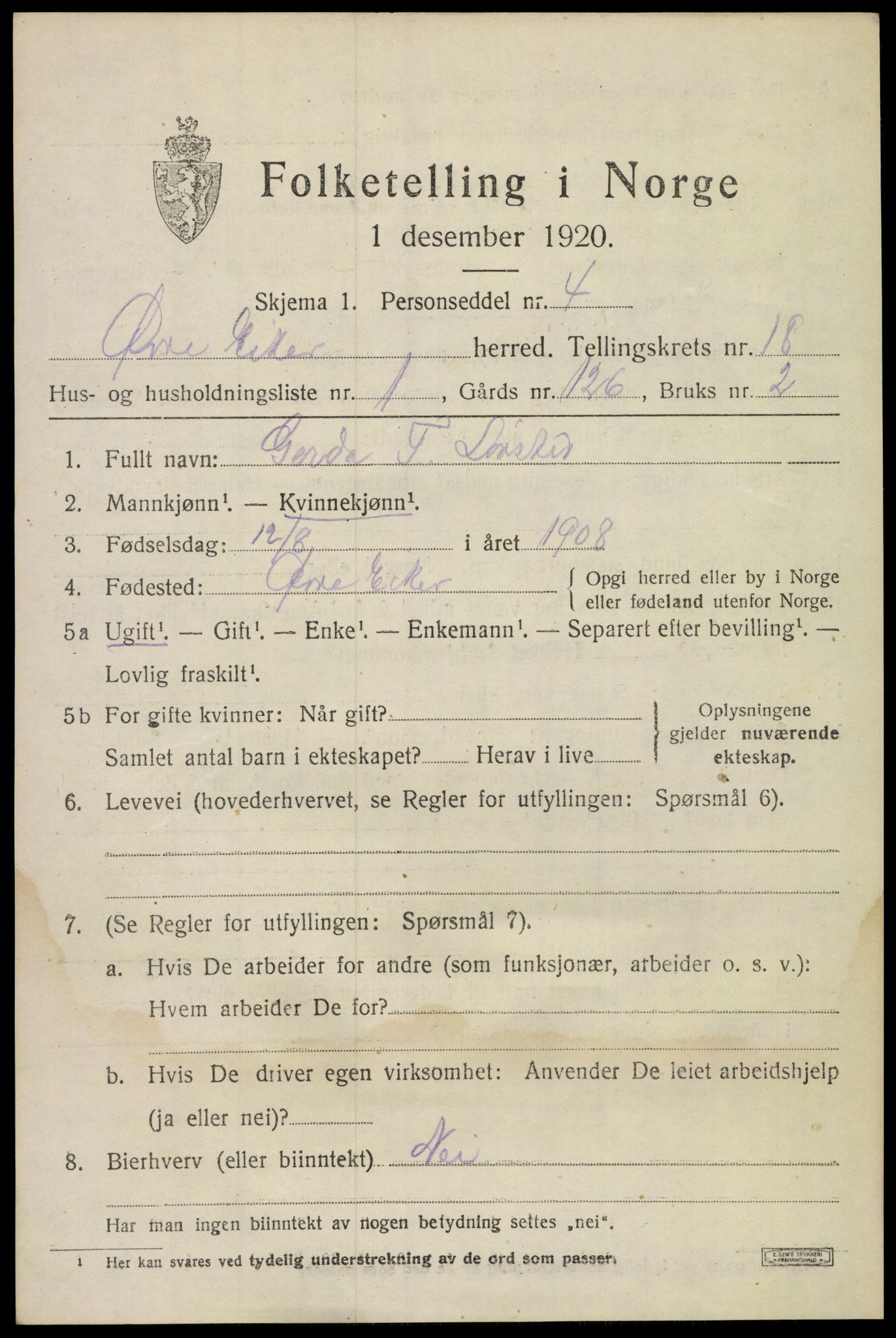 SAKO, 1920 census for Øvre Eiker, 1920, p. 21588