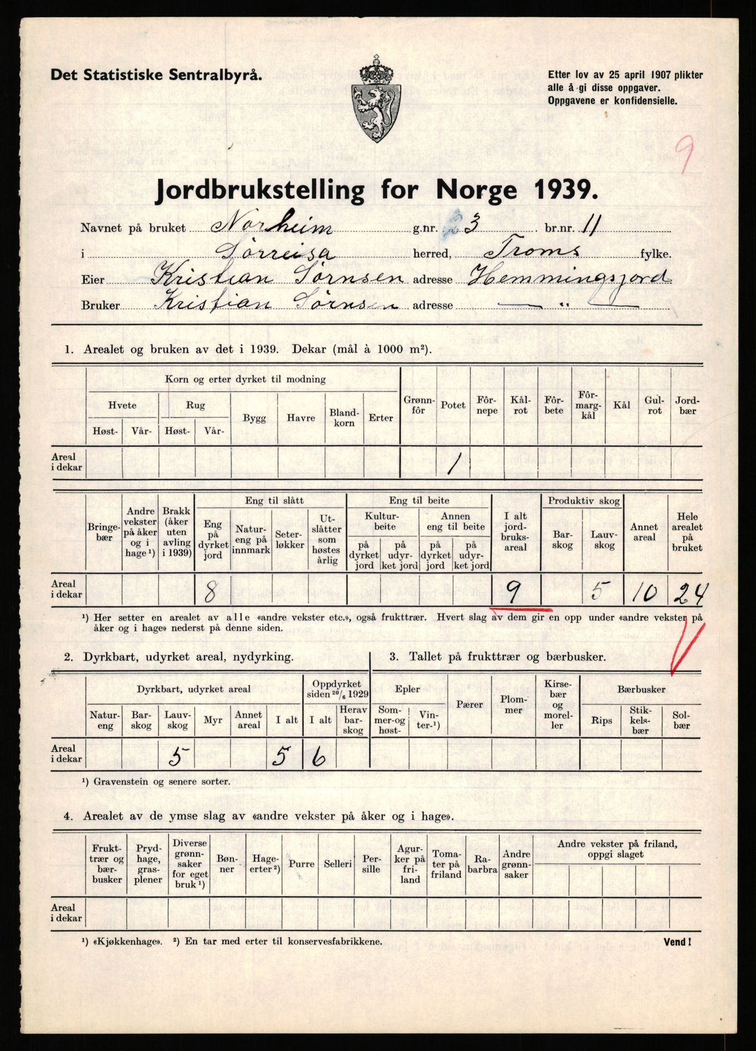 Statistisk sentralbyrå, Næringsøkonomiske emner, Jordbruk, skogbruk, jakt, fiske og fangst, AV/RA-S-2234/G/Gb/L0341: Troms: Sørreisa og Tranøy, 1939, p. 142