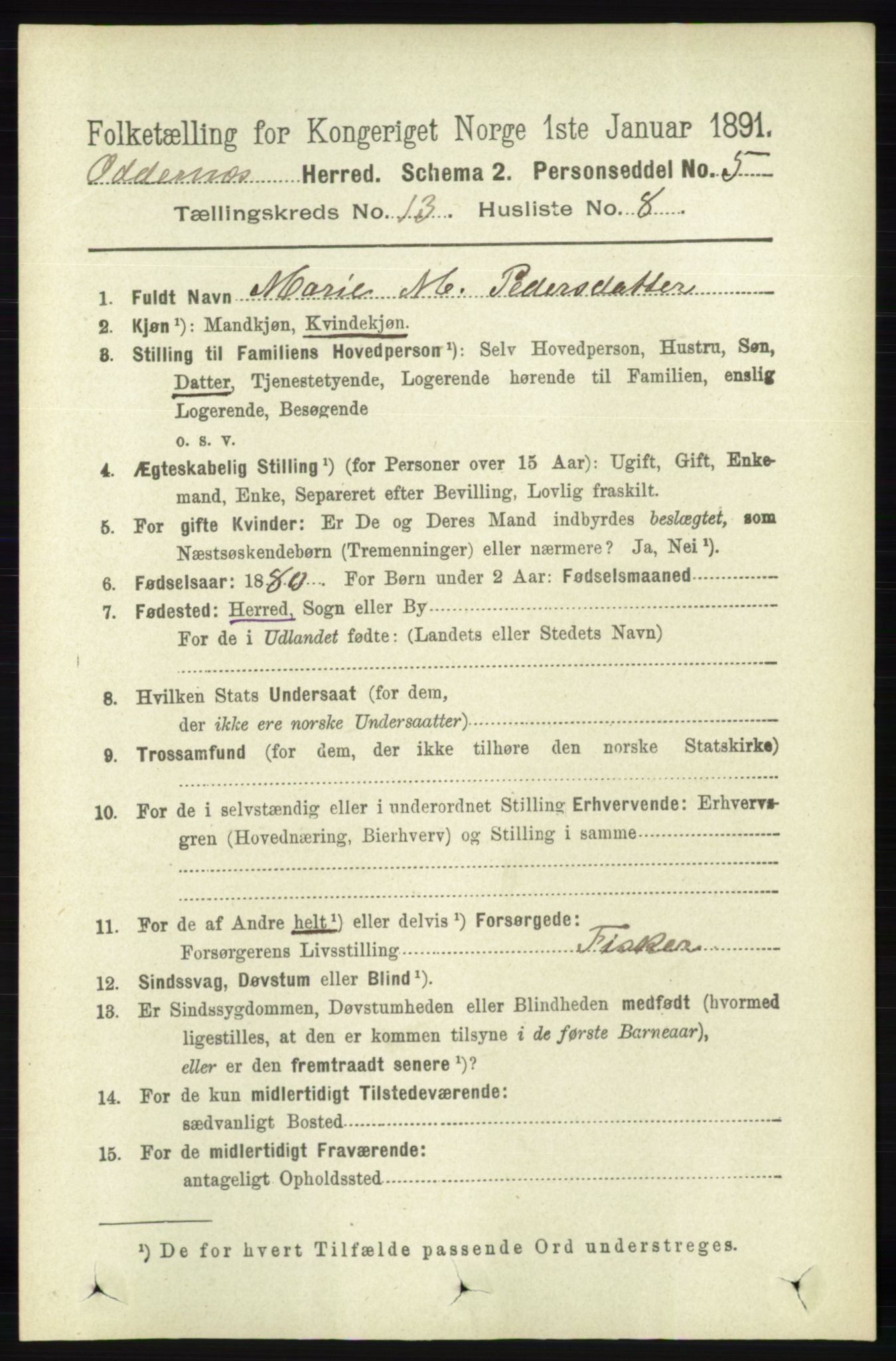 RA, 1891 census for 1012 Oddernes, 1891, p. 4685