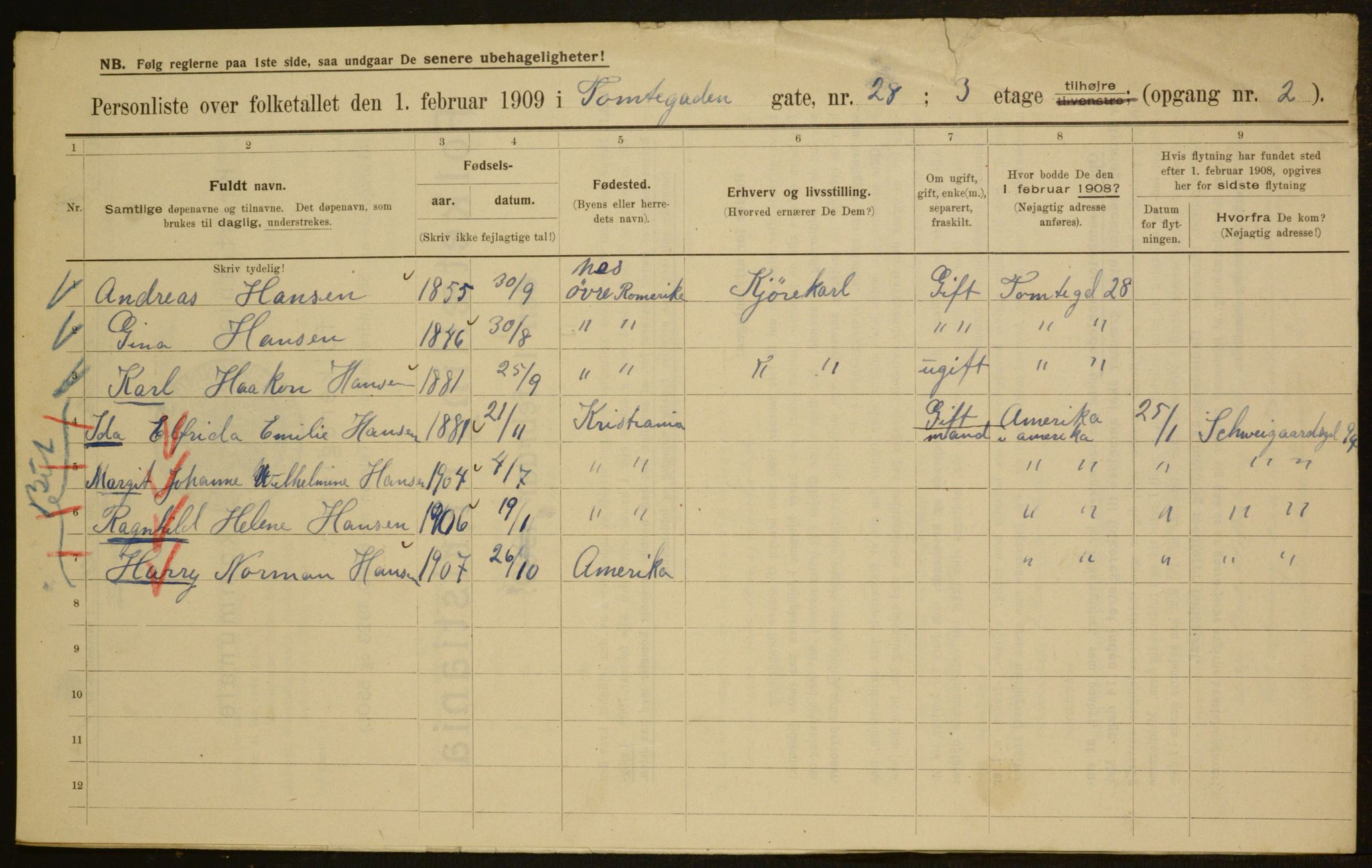 OBA, Municipal Census 1909 for Kristiania, 1909, p. 103108