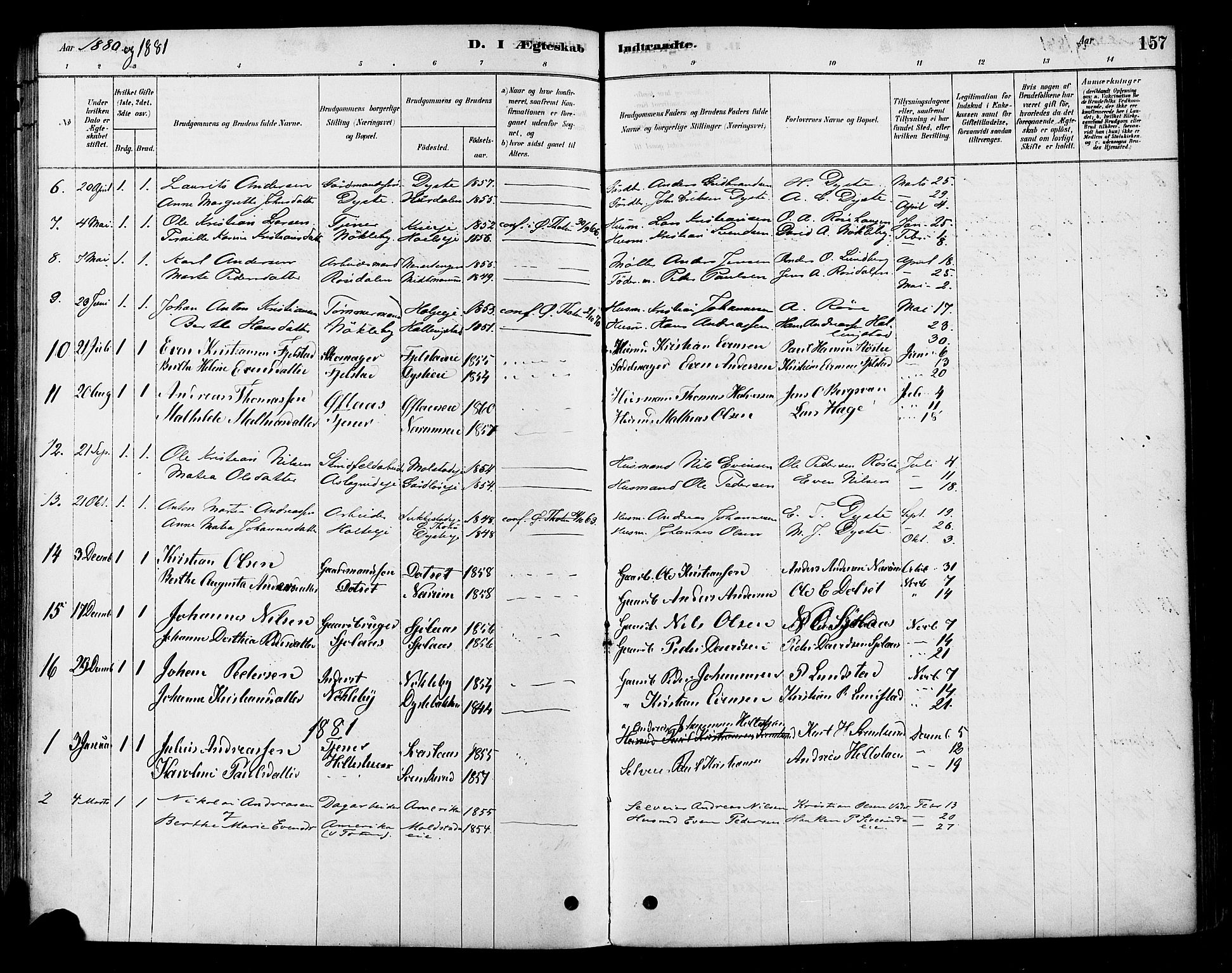 Vestre Toten prestekontor, SAH/PREST-108/H/Ha/Haa/L0010: Parish register (official) no. 10, 1878-1894, p. 157