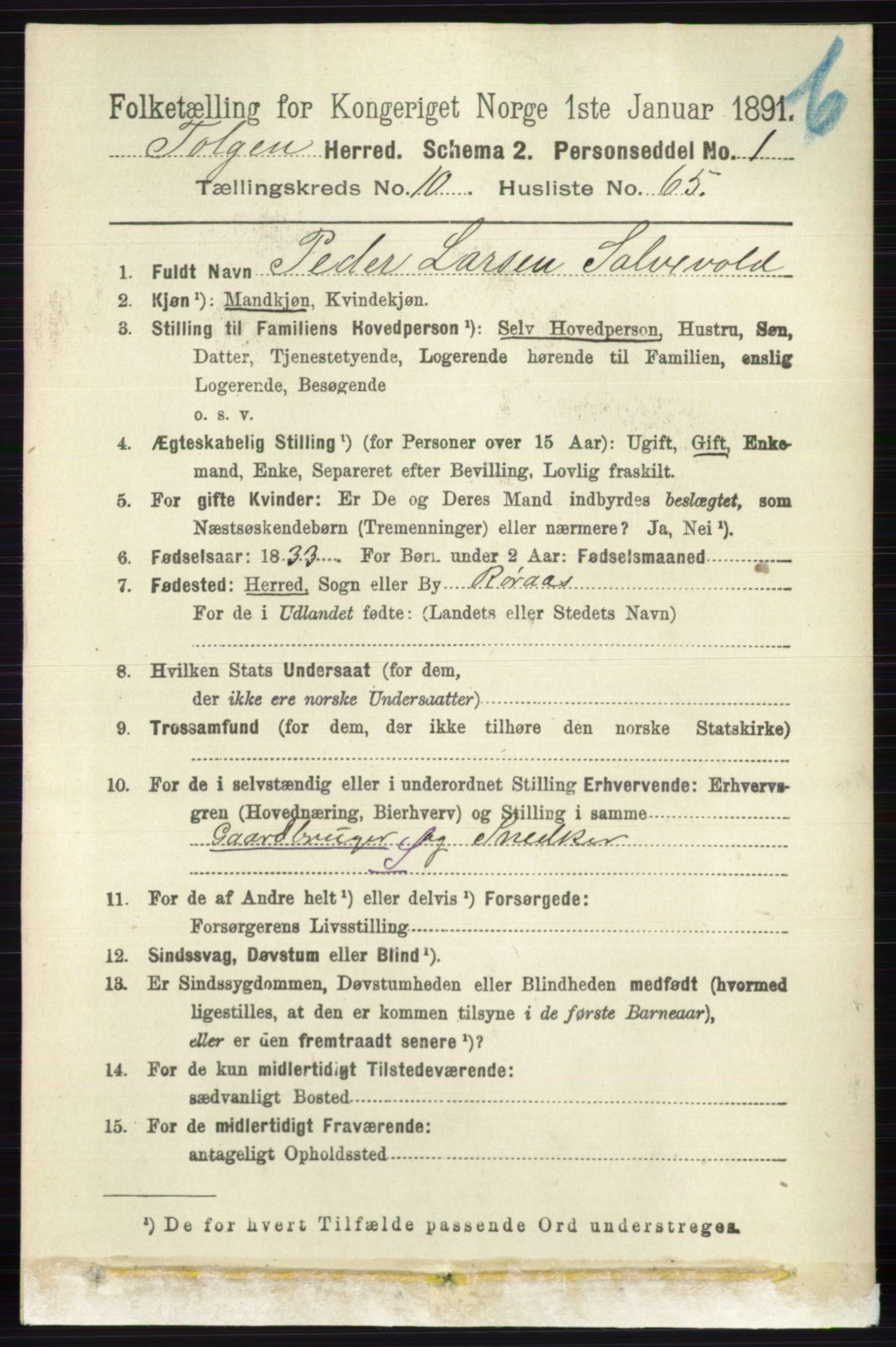 RA, 1891 census for 0436 Tolga, 1891, p. 3047