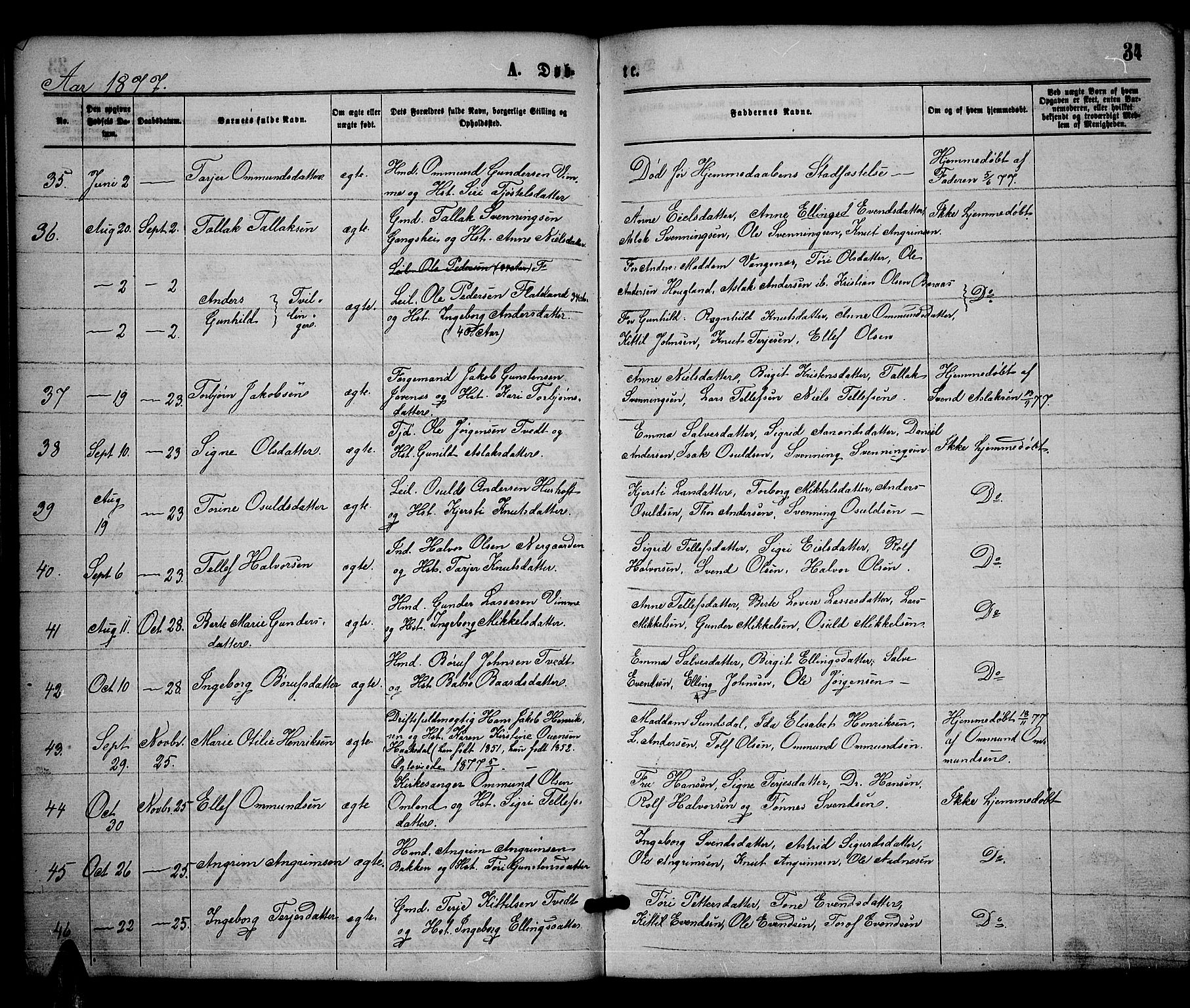 Åmli sokneprestkontor, SAK/1111-0050/F/Fb/Fbc/L0003: Parish register (copy) no. B 3, 1868-1888, p. 34