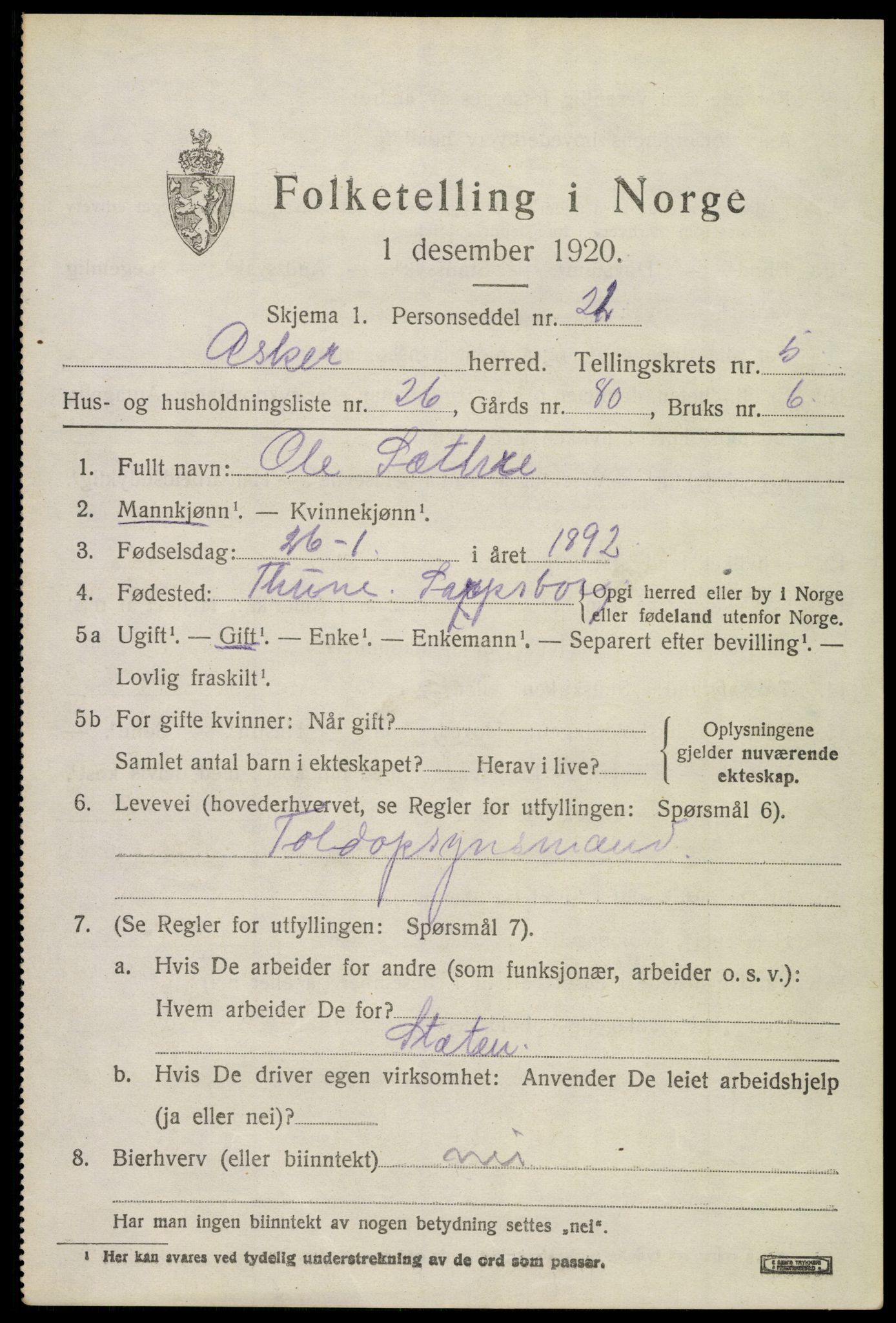 SAO, 1920 census for Asker, 1920, p. 12642