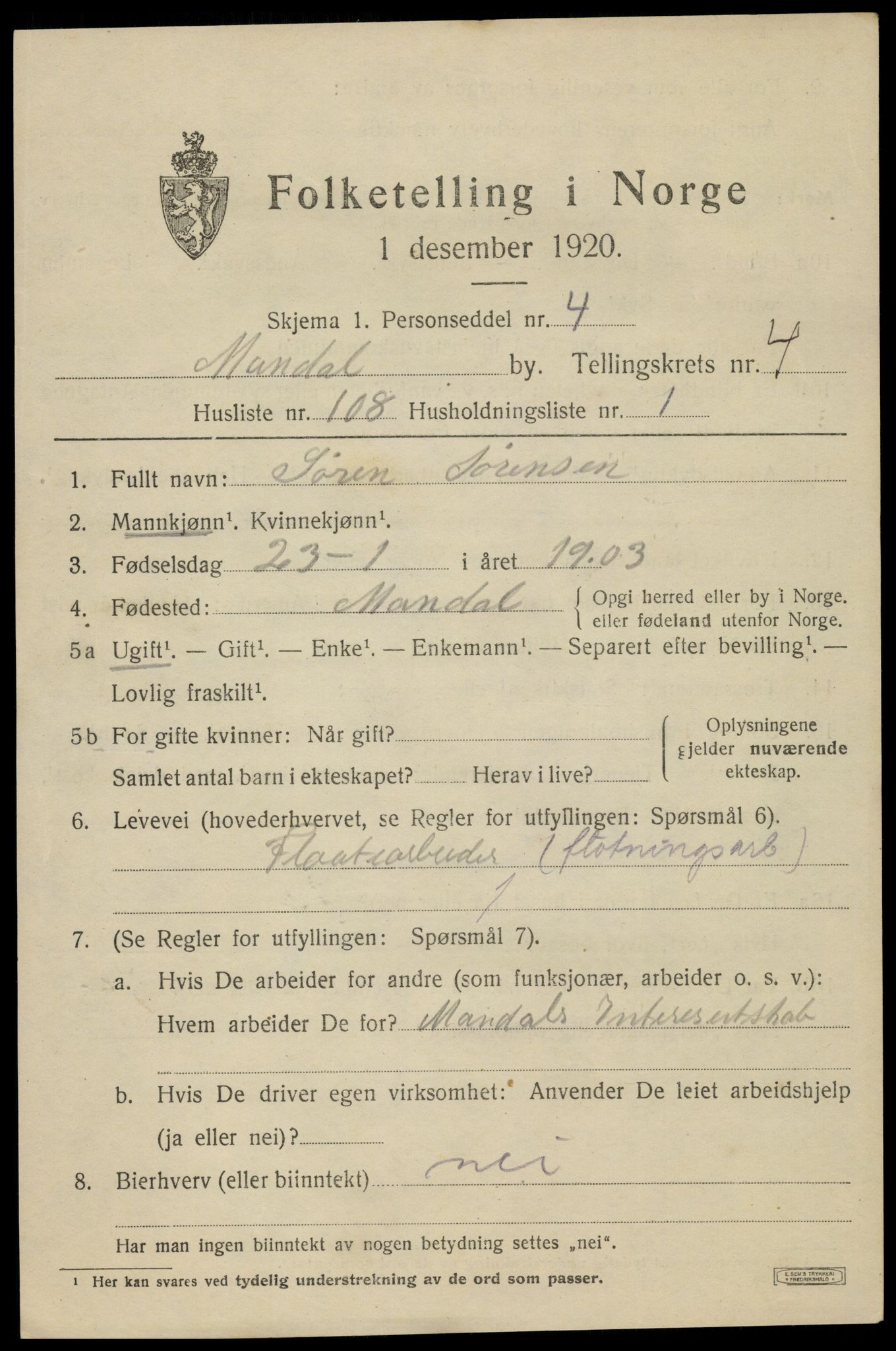 SAK, 1920 census for Mandal, 1920, p. 8183
