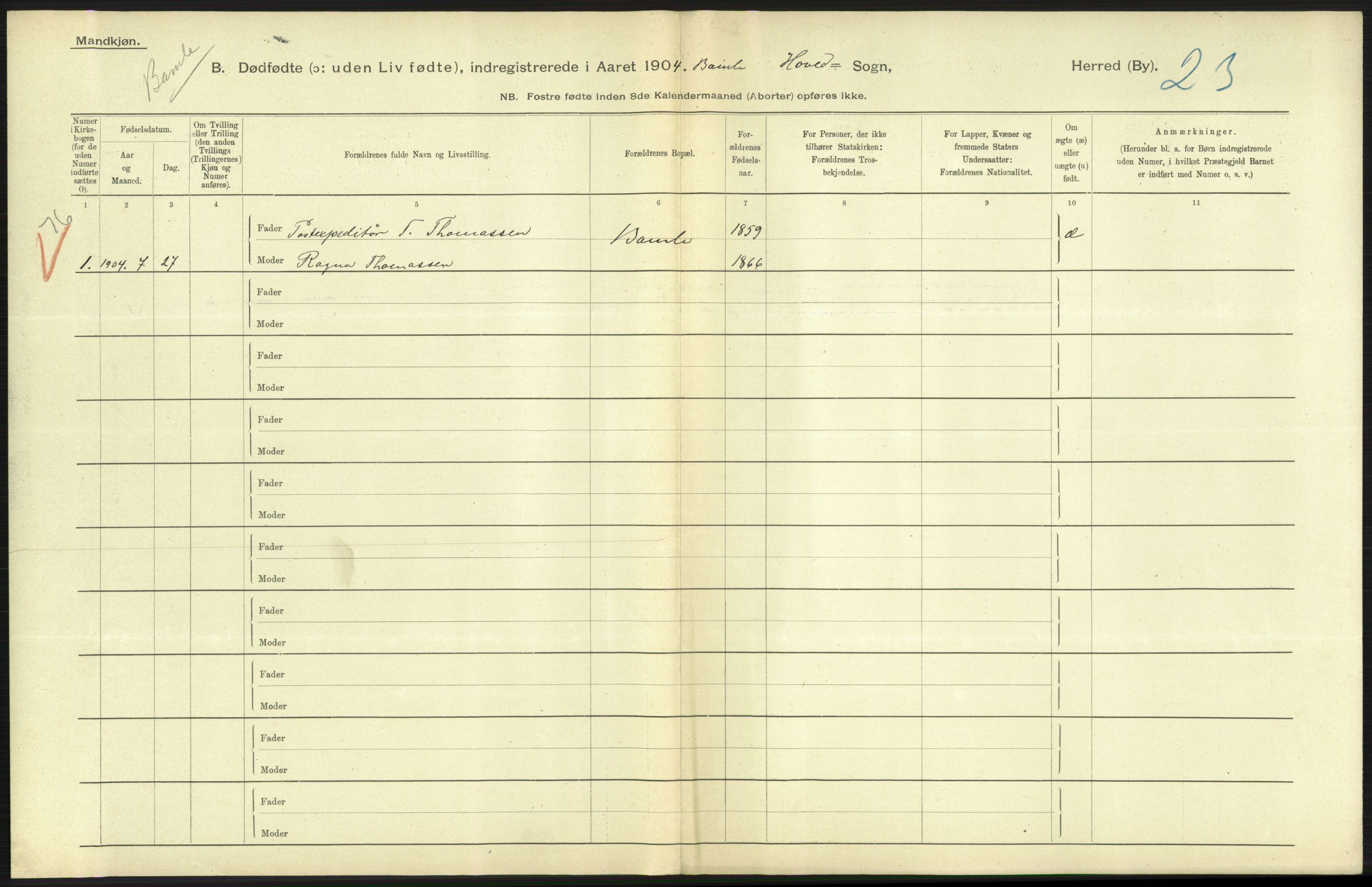 Statistisk sentralbyrå, Sosiodemografiske emner, Befolkning, RA/S-2228/D/Df/Dfa/Dfab/L0025: Smålenenes amt - Stavanger amt: Dødfødte. Bygder., 1904, p. 377