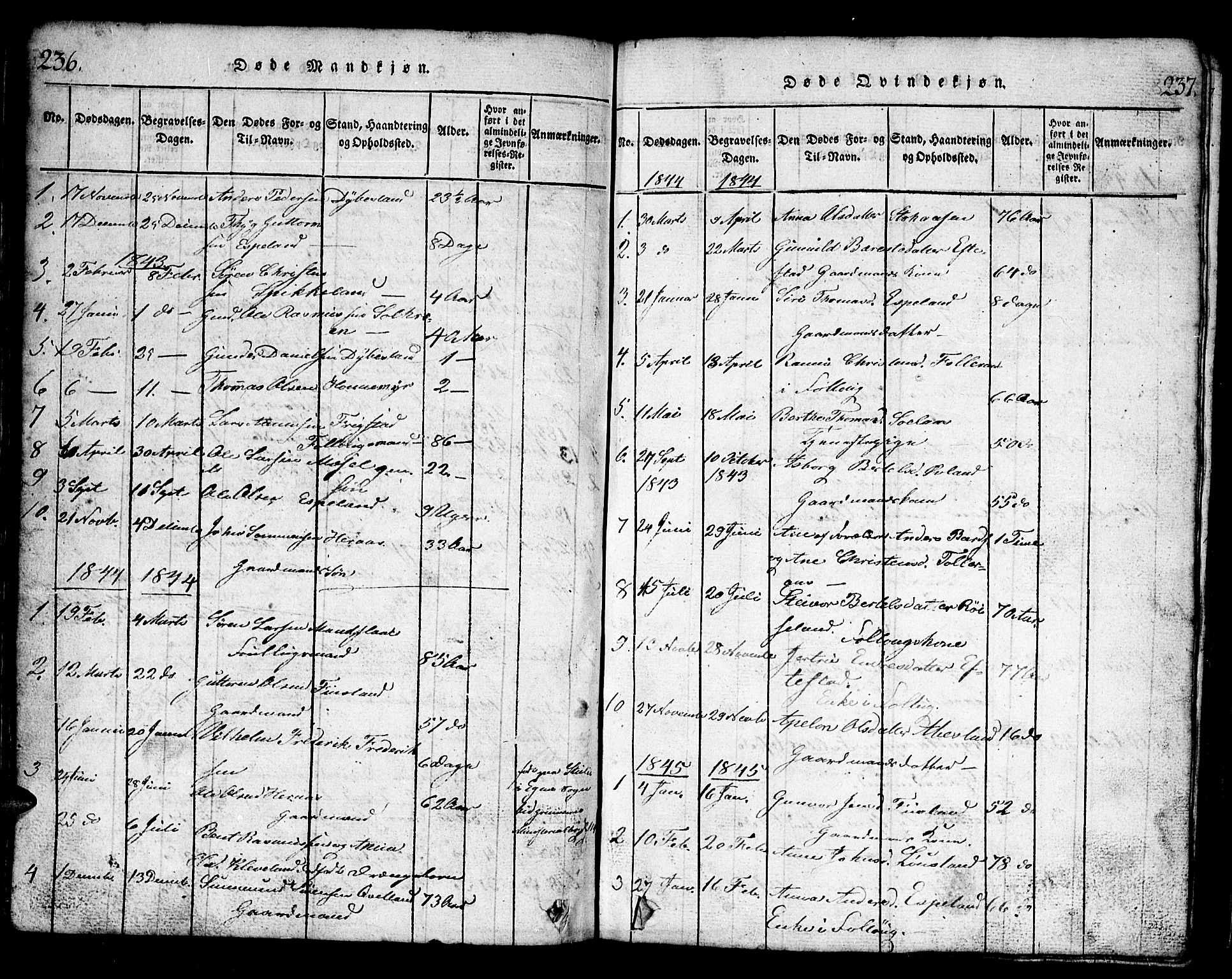 Bjelland sokneprestkontor, AV/SAK-1111-0005/F/Fb/Fbb/L0003: Parish register (copy) no. B 3, 1816-1868, p. 236-237