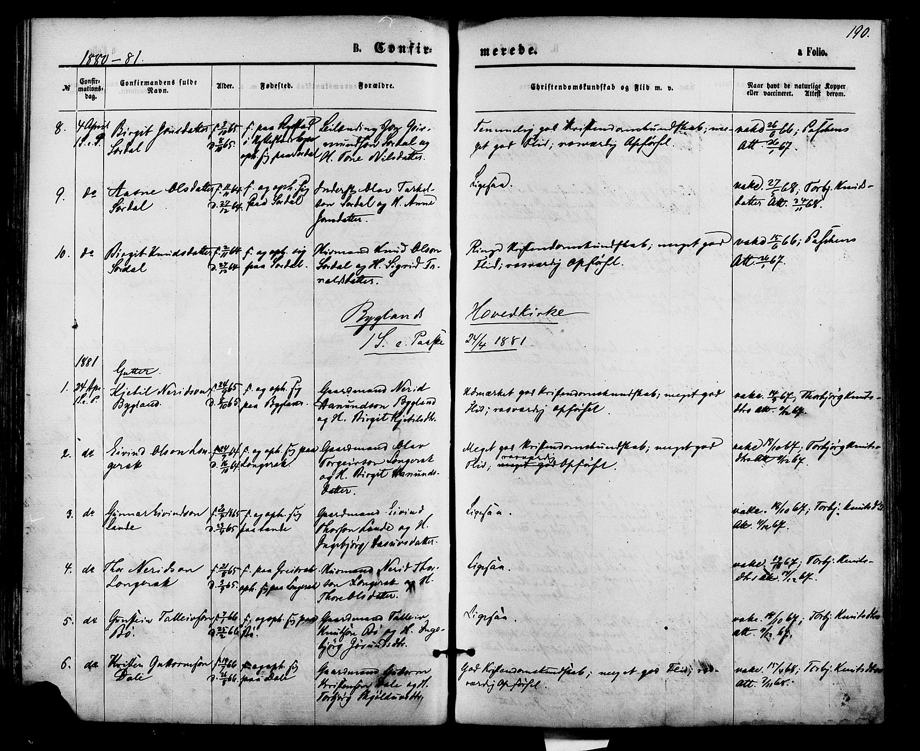 Bygland sokneprestkontor, AV/SAK-1111-0006/F/Fa/Fab/L0006: Parish register (official) no. A 6, 1873-1884, p. 190