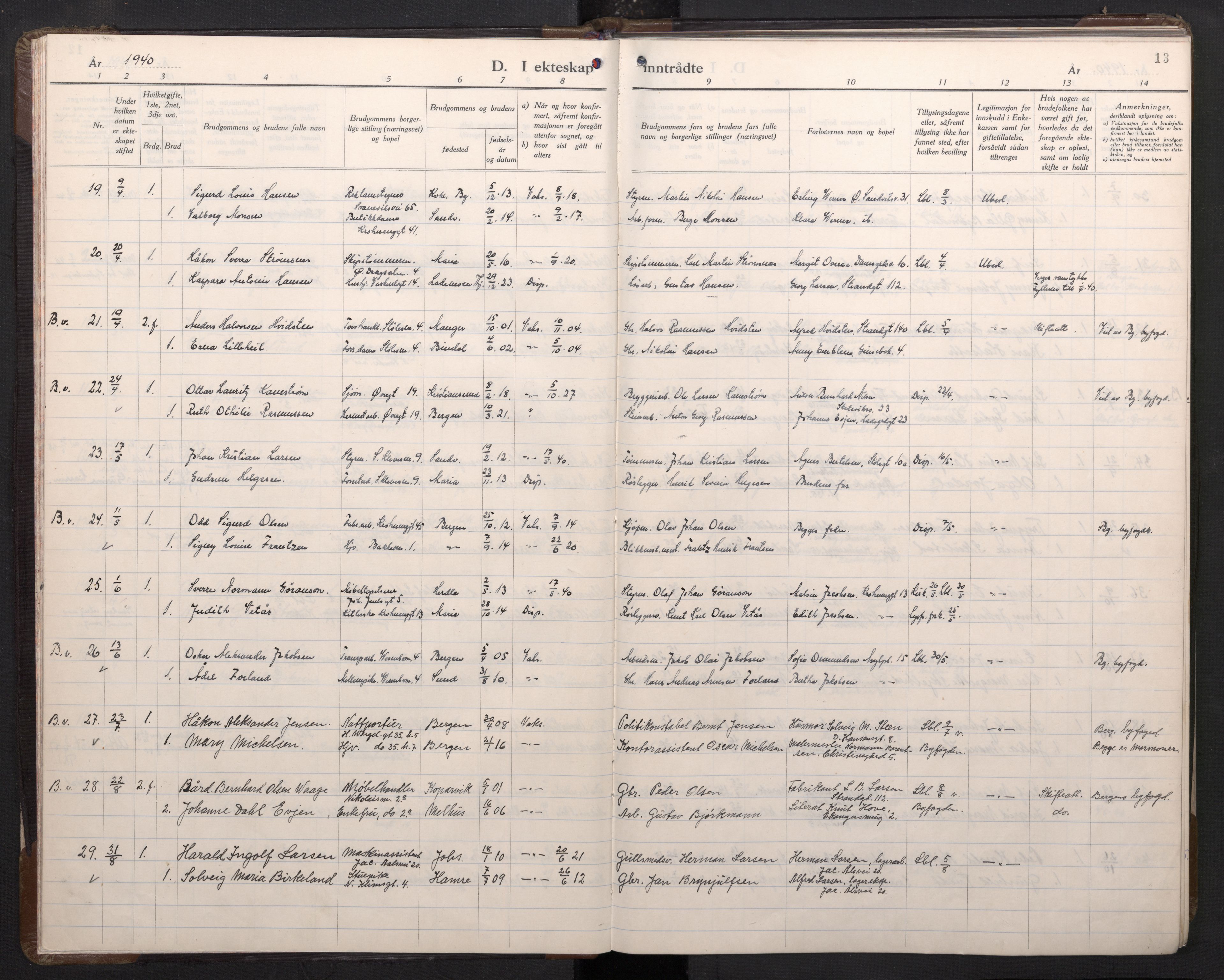 Mariakirken Sokneprestembete, AV/SAB-A-76901/H/Haa/L0019: Parish register (official) no. D 1, 1939-1963, p. 12b-13a