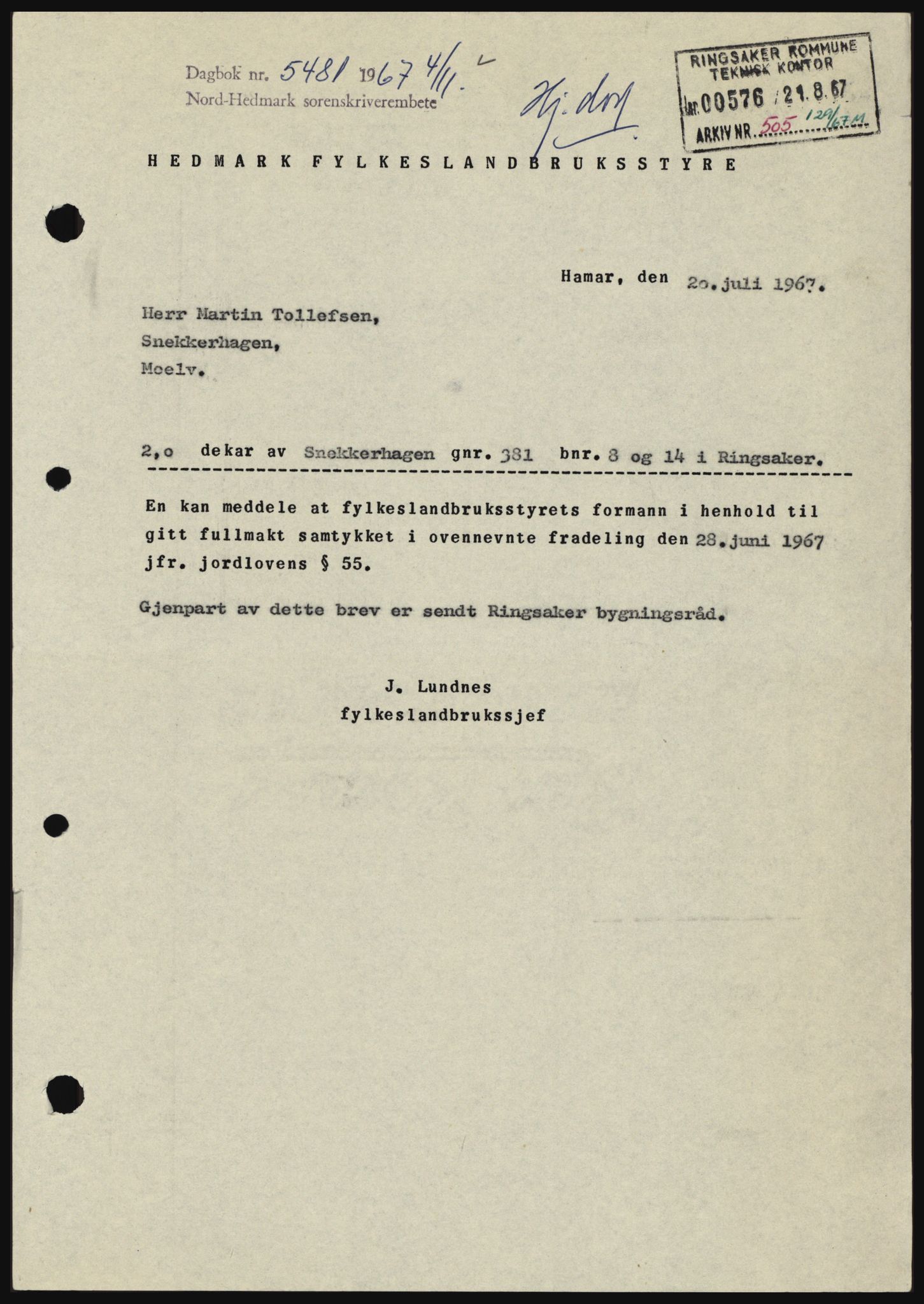 Nord-Hedmark sorenskriveri, SAH/TING-012/H/Hc/L0027: Mortgage book no. 27, 1967-1968, Diary no: : 5481/1967