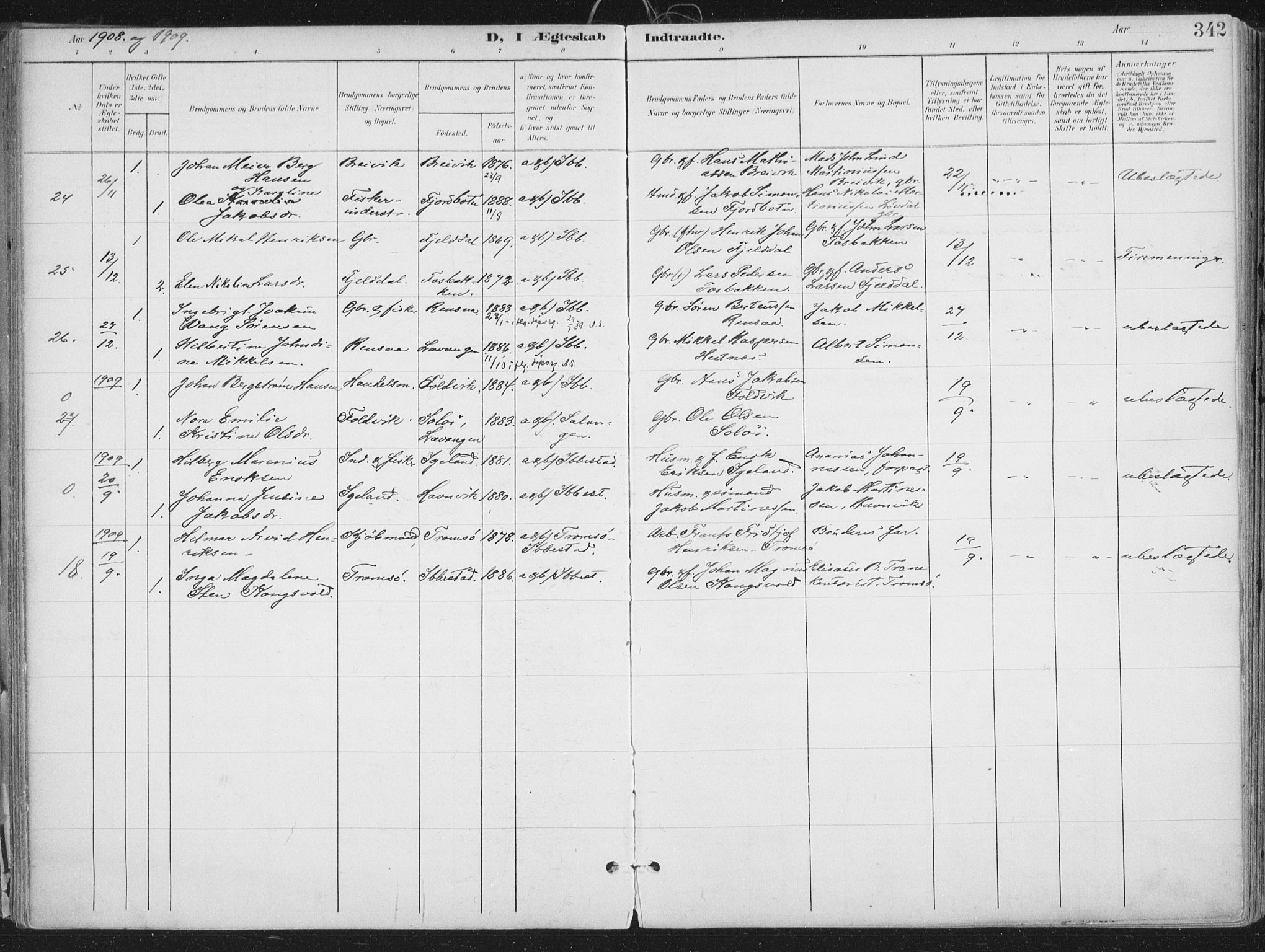 Ibestad sokneprestembete, SATØ/S-0077/H/Ha/Haa/L0017kirke: Parish register (official) no. 17, 1901-1914, p. 342