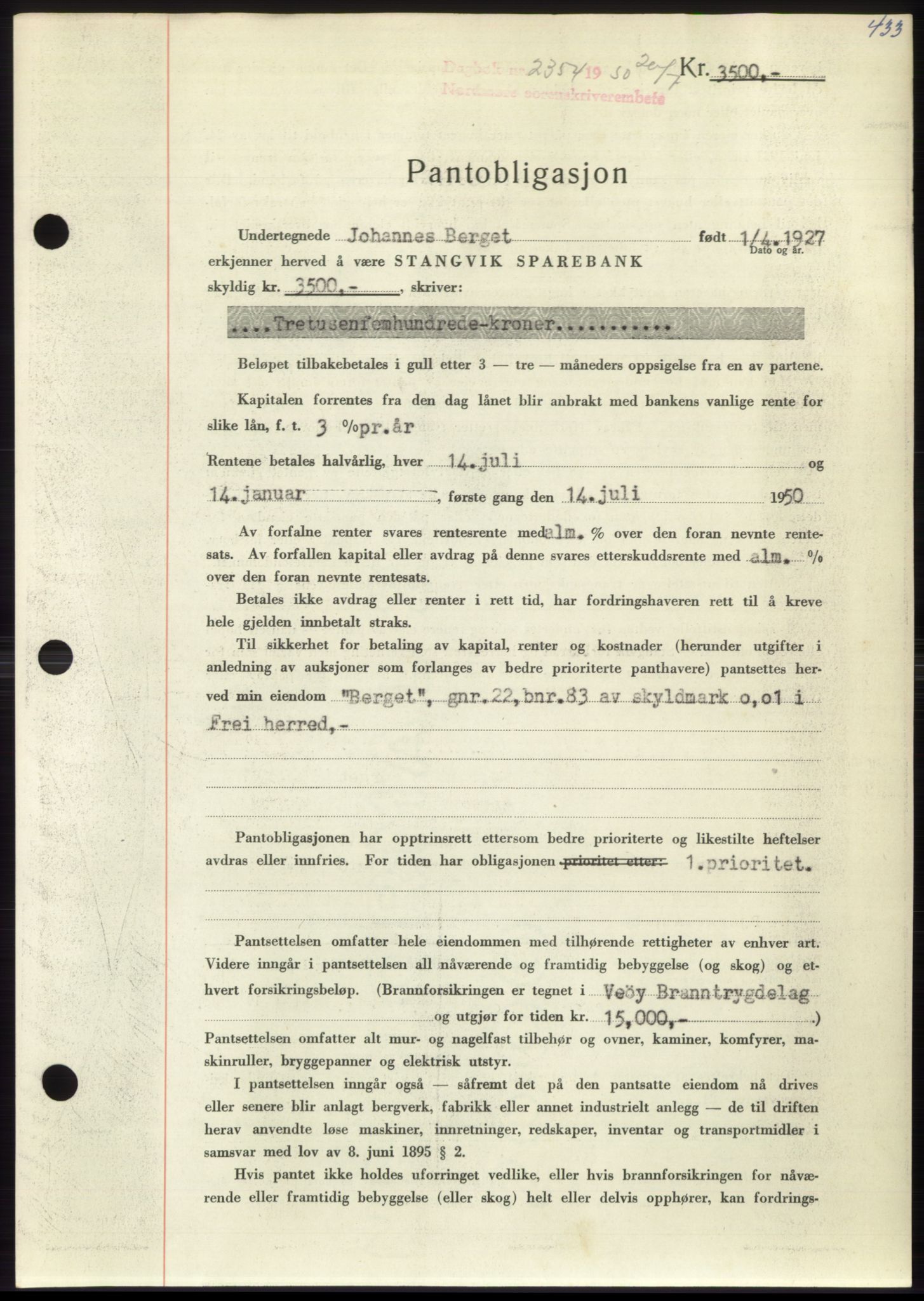 Nordmøre sorenskriveri, AV/SAT-A-4132/1/2/2Ca: Mortgage book no. B105, 1950-1950, Diary no: : 2354/1950