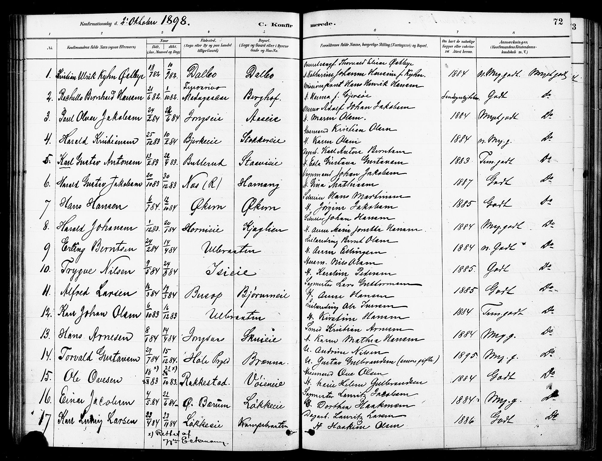Asker prestekontor Kirkebøker, SAO/A-10256a/F/Fb/L0002: Parish register (official) no. II 2, 1879-1921, p. 72