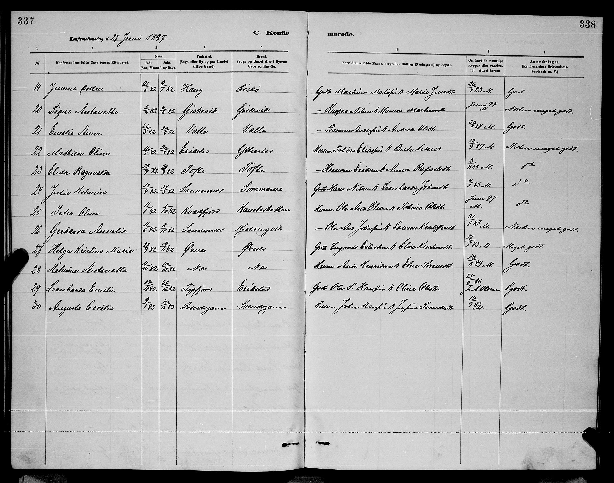 Ministerialprotokoller, klokkerbøker og fødselsregistre - Nordland, AV/SAT-A-1459/872/L1047: Parish register (copy) no. 872C03, 1880-1897, p. 337-338