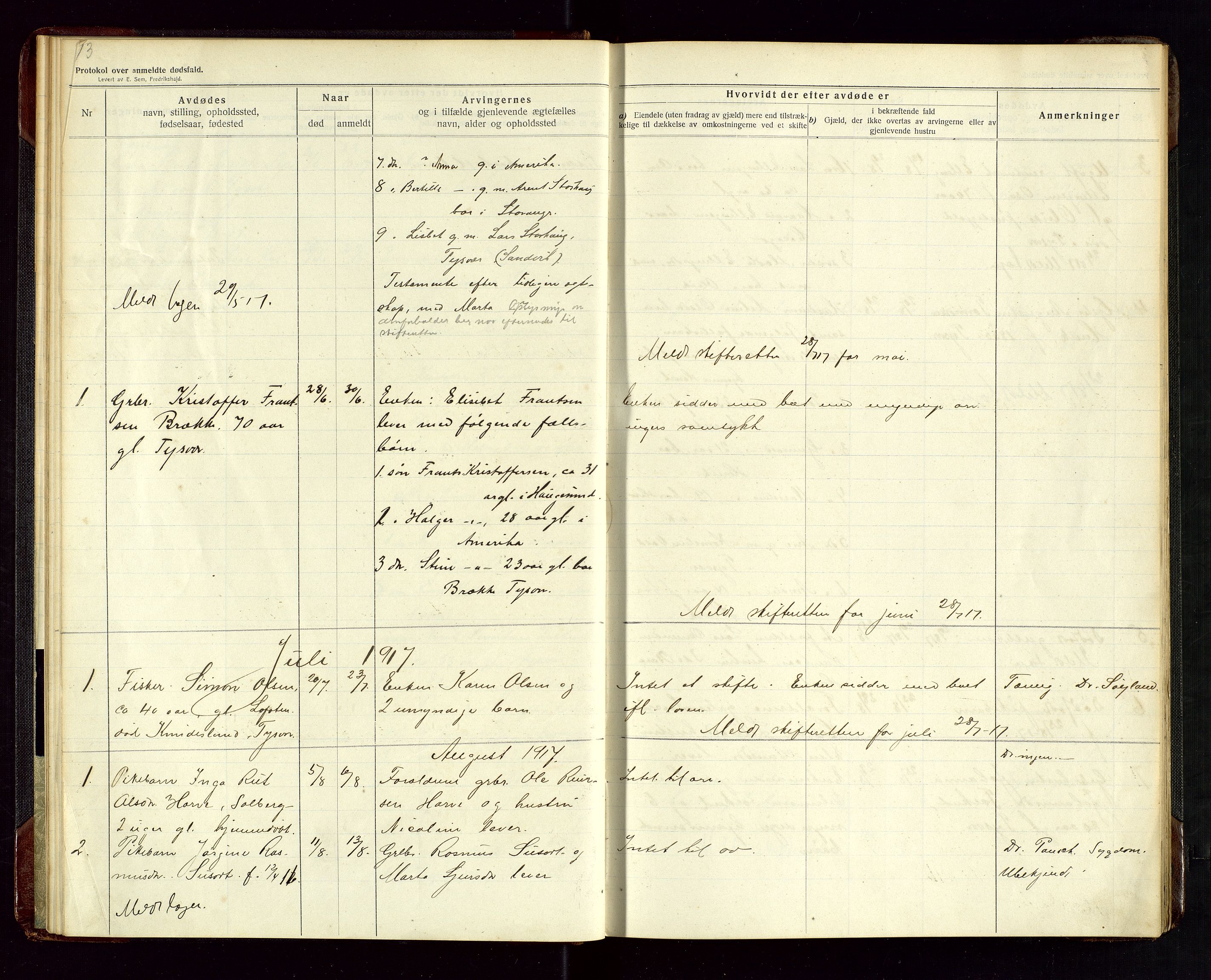 Tysvær lensmannskontor, AV/SAST-A-100192/Gga/L0003: "Protokol over anmeldte dødsfald i Tysvær" med register, 1916-1926, p. 13