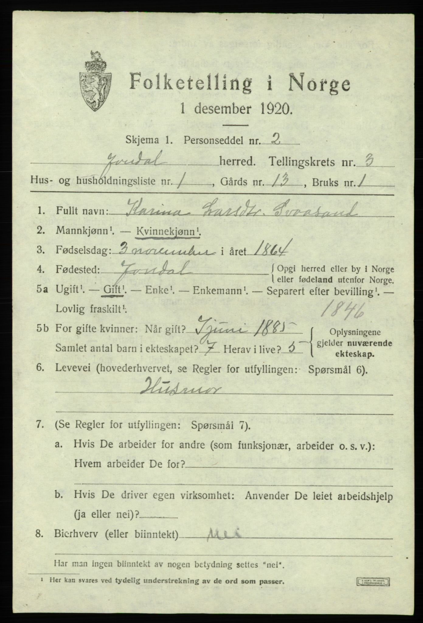 SAB, 1920 census for Jondal, 1920, p. 1748