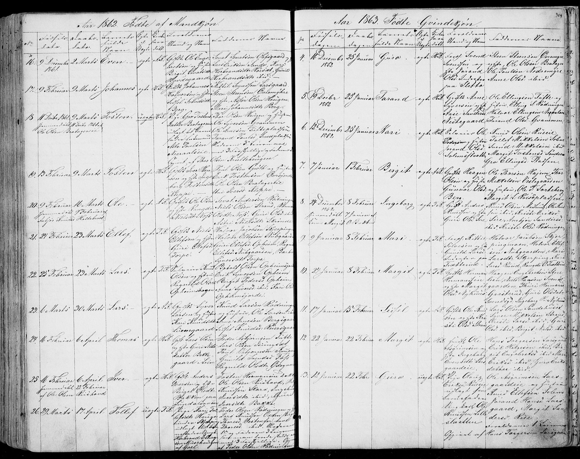 Ål kirkebøker, SAKO/A-249/F/Fa/L0006: Parish register (official) no. I 6, 1849-1864, p. 309