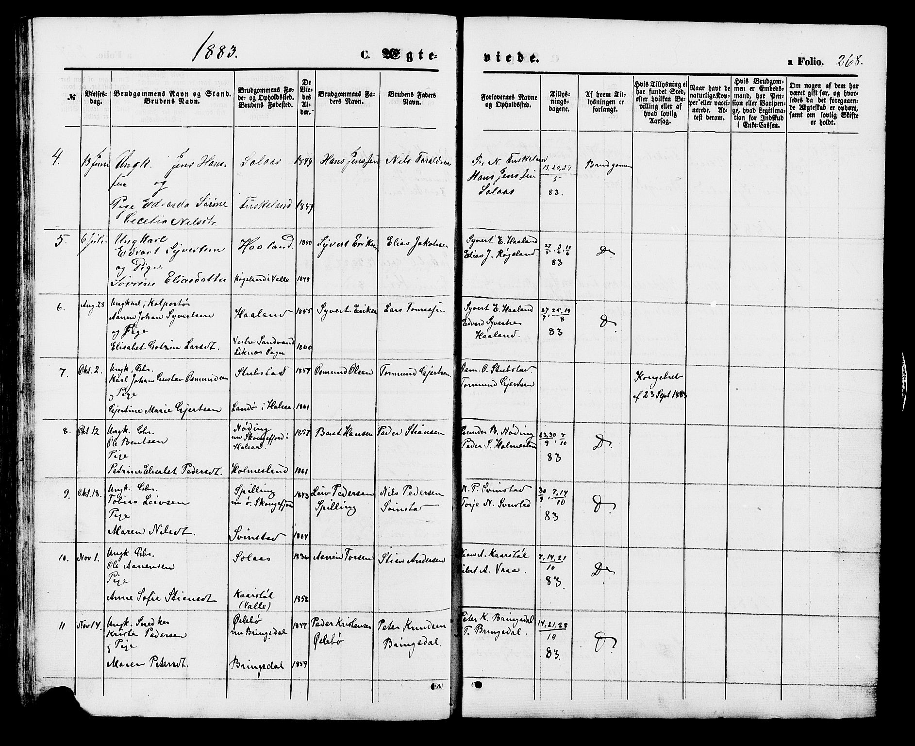 Holum sokneprestkontor, AV/SAK-1111-0022/F/Fb/Fba/L0004: Parish register (copy) no. B 4, 1867-1890, p. 268