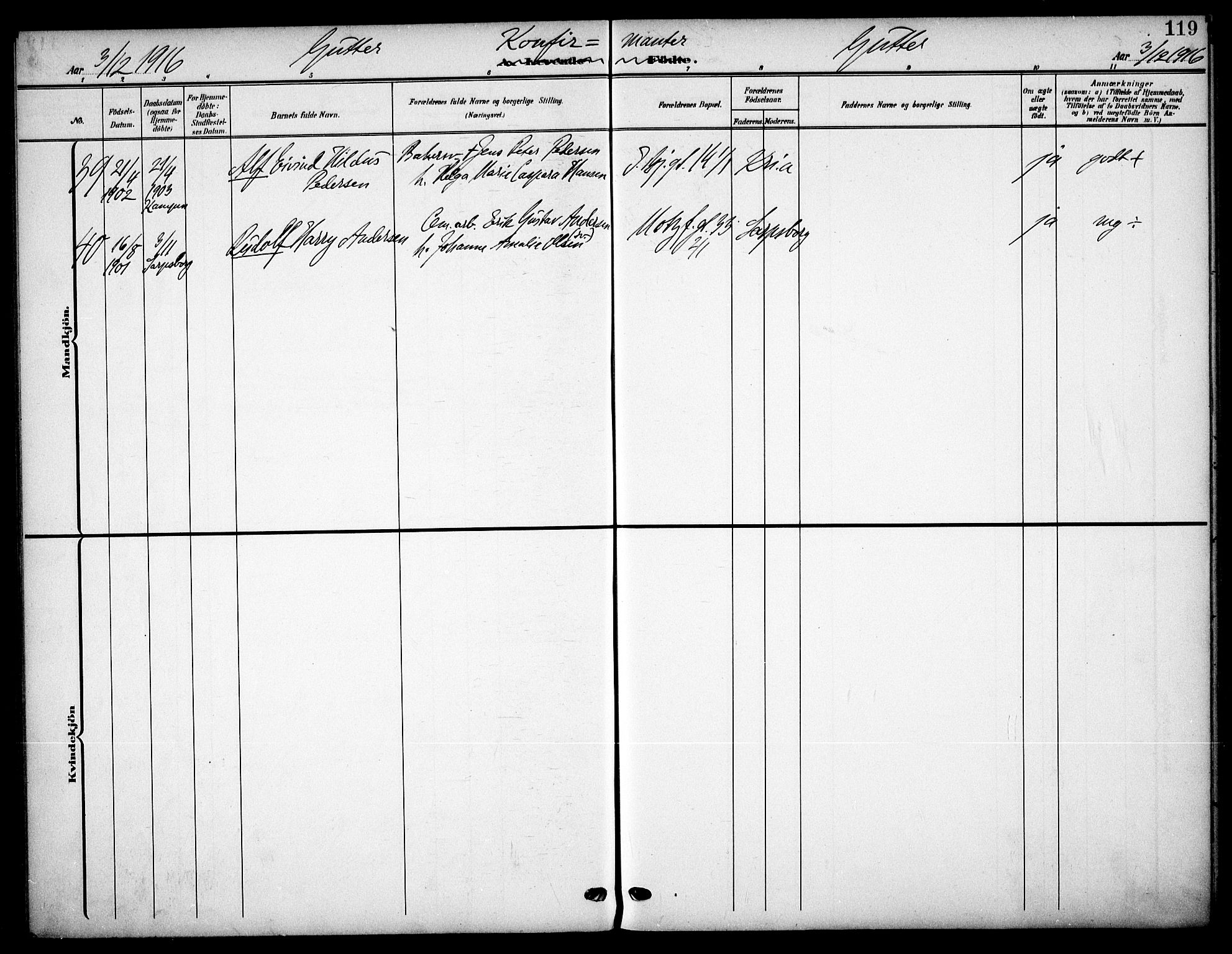 Tøyen prestekontor Kirkebøker, AV/SAO-A-10167a/F/Fa/L0001: Parish register (official) no. I 1, 1907-1916, p. 119