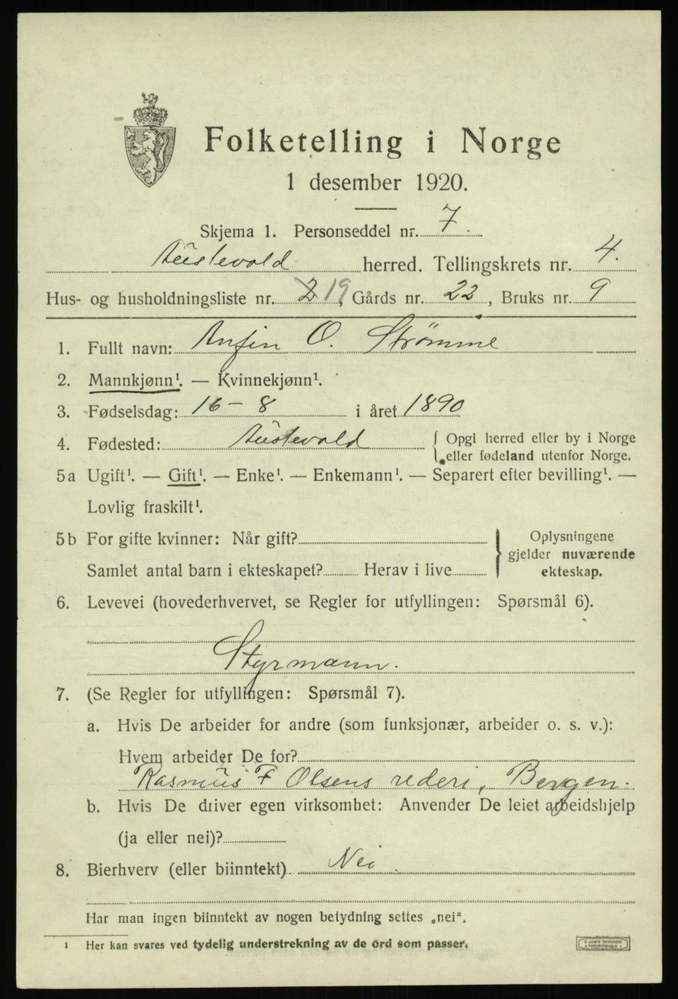 SAB, 1920 census for Austevoll, 1920, p. 2950