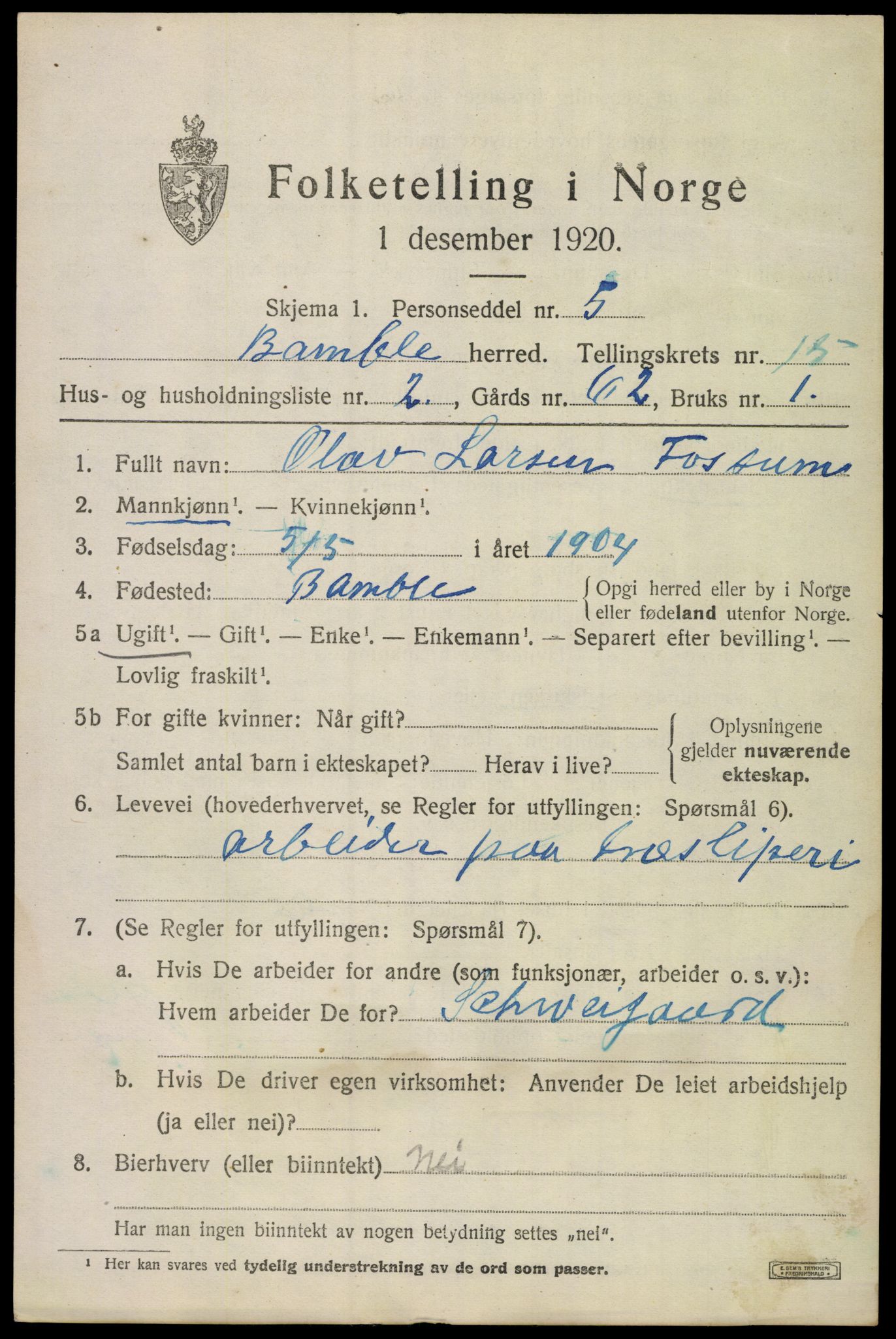 SAKO, 1920 census for Bamble, 1920, p. 10857