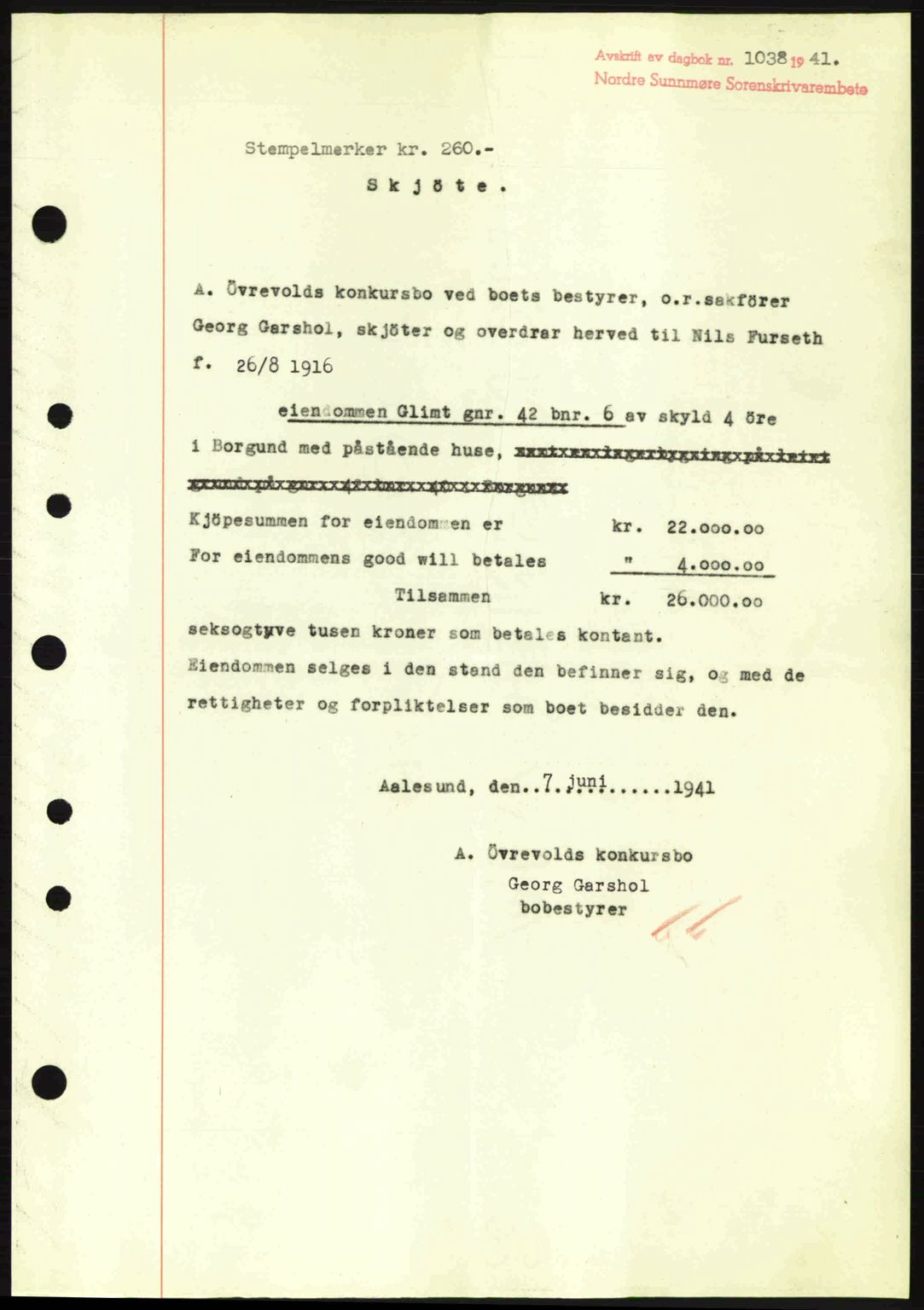 Nordre Sunnmøre sorenskriveri, SAT/A-0006/1/2/2C/2Ca: Mortgage book no. A11, 1941-1941, Diary no: : 1038/1941