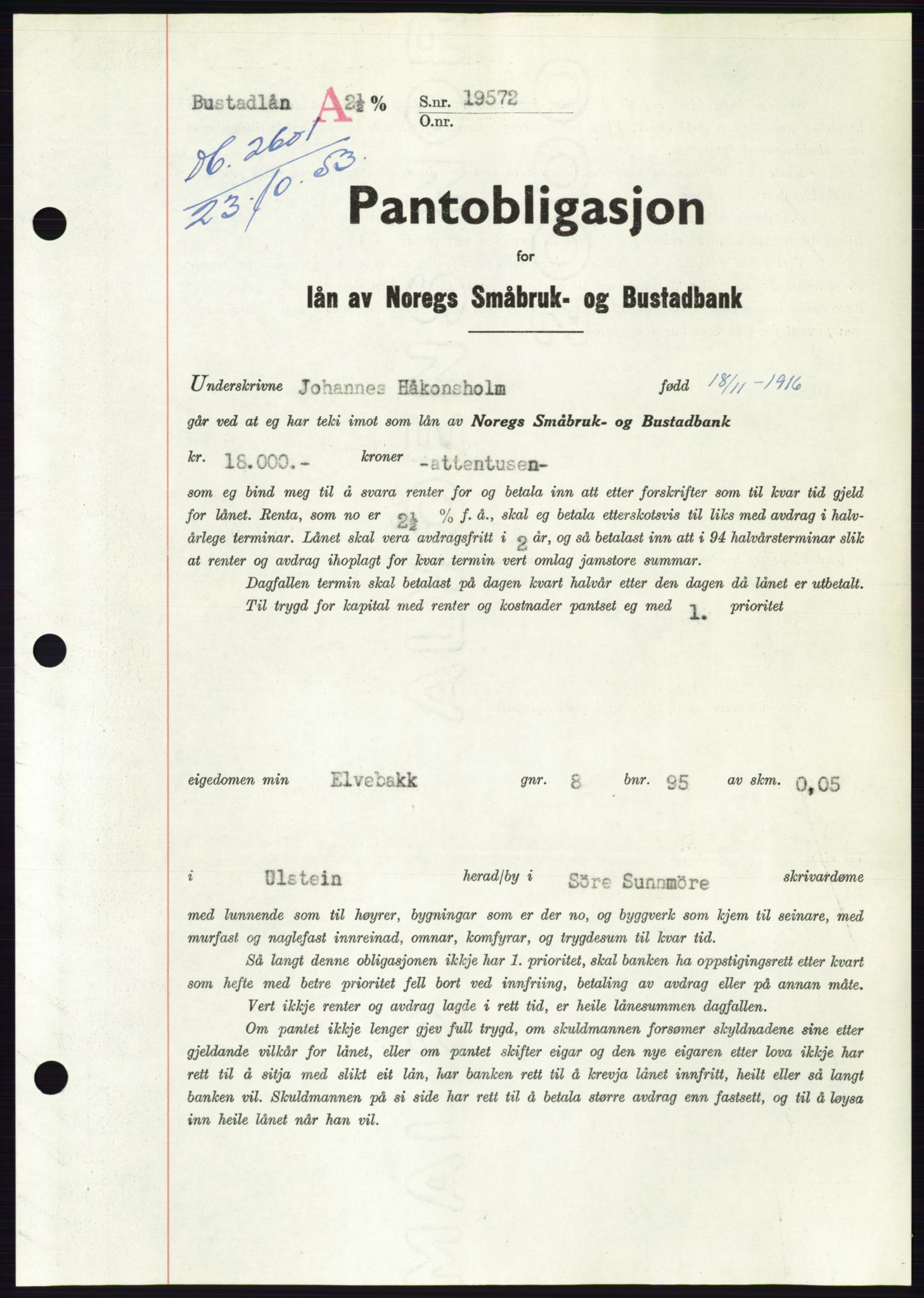 Søre Sunnmøre sorenskriveri, AV/SAT-A-4122/1/2/2C/L0124: Mortgage book no. 12B, 1953-1954, Diary no: : 2601/1953