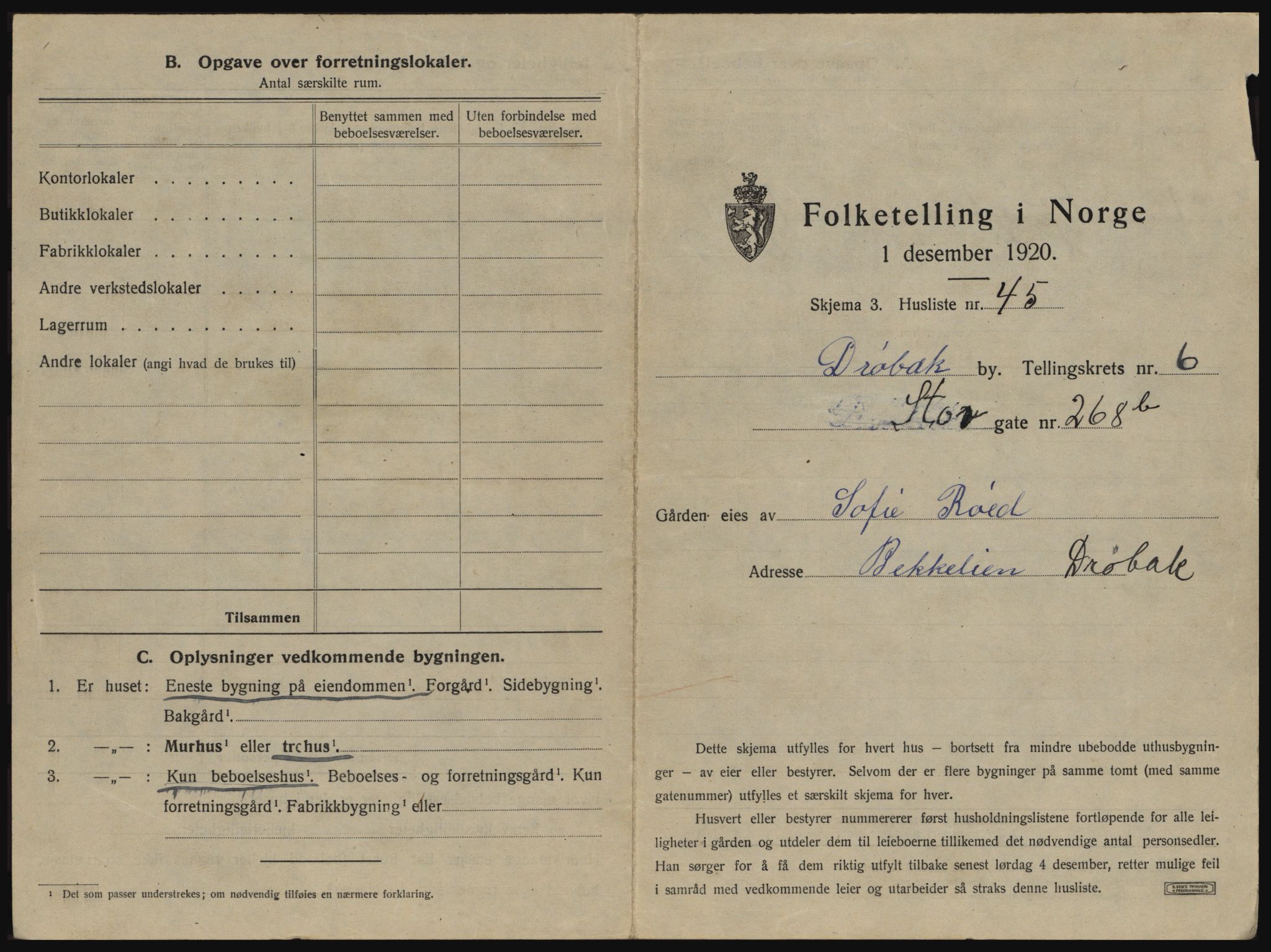 SAO, 1920 census for Drøbak, 1920, p. 609
