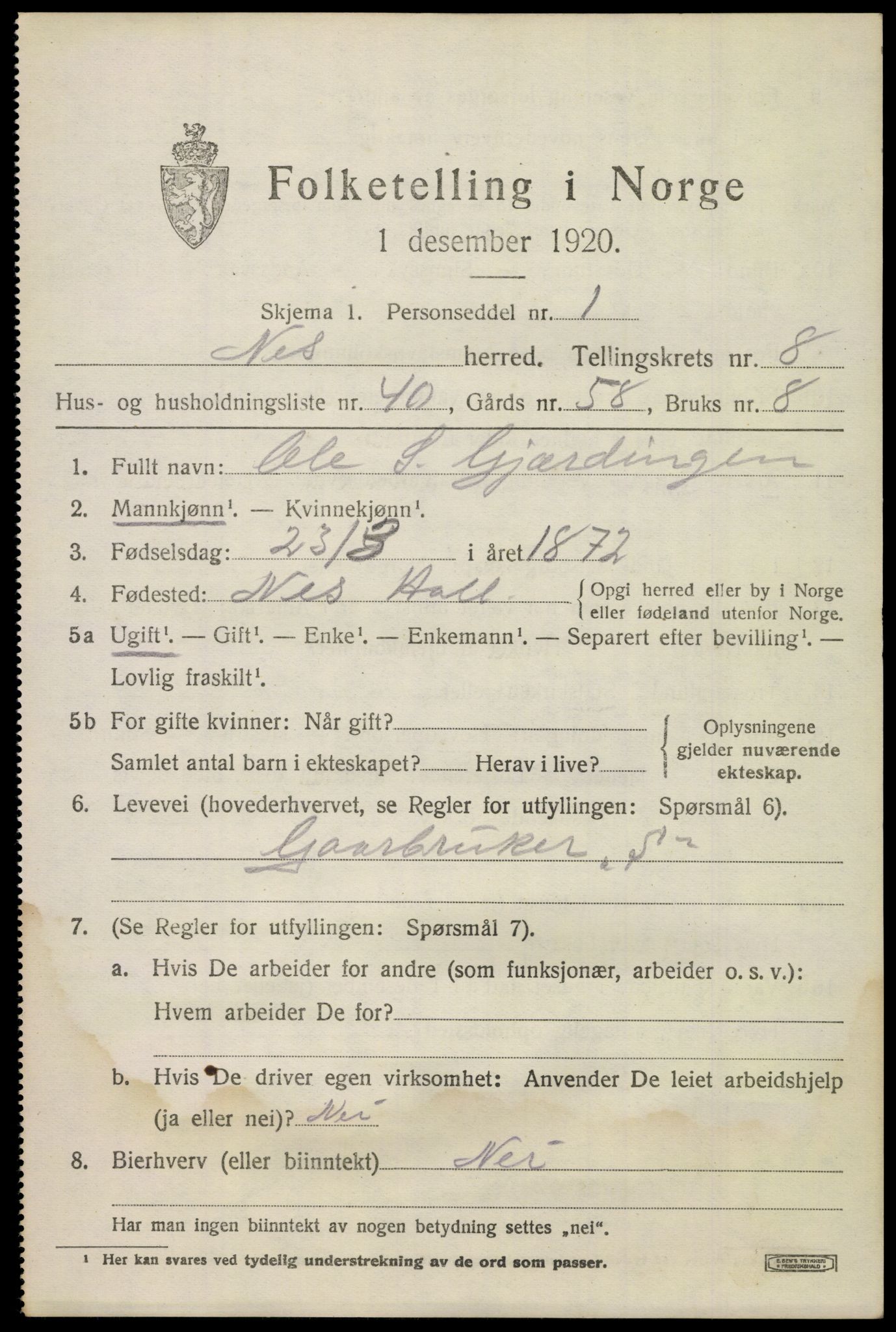 SAKO, 1920 census for Nes (Buskerud), 1920, p. 5508