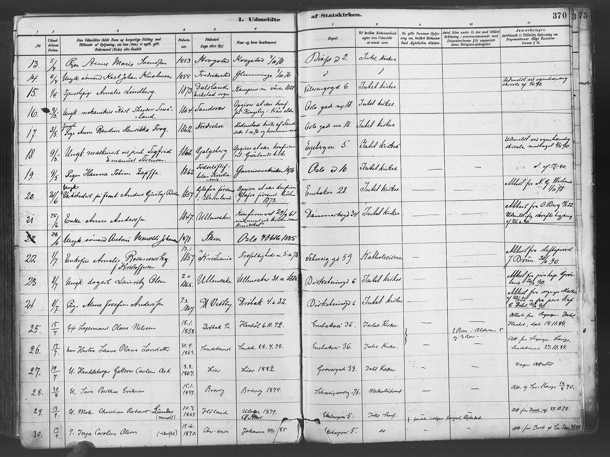 Gamlebyen prestekontor Kirkebøker, SAO/A-10884/F/Fa/L0006: Parish register (official) no. 6, 1881-1890, p. 370