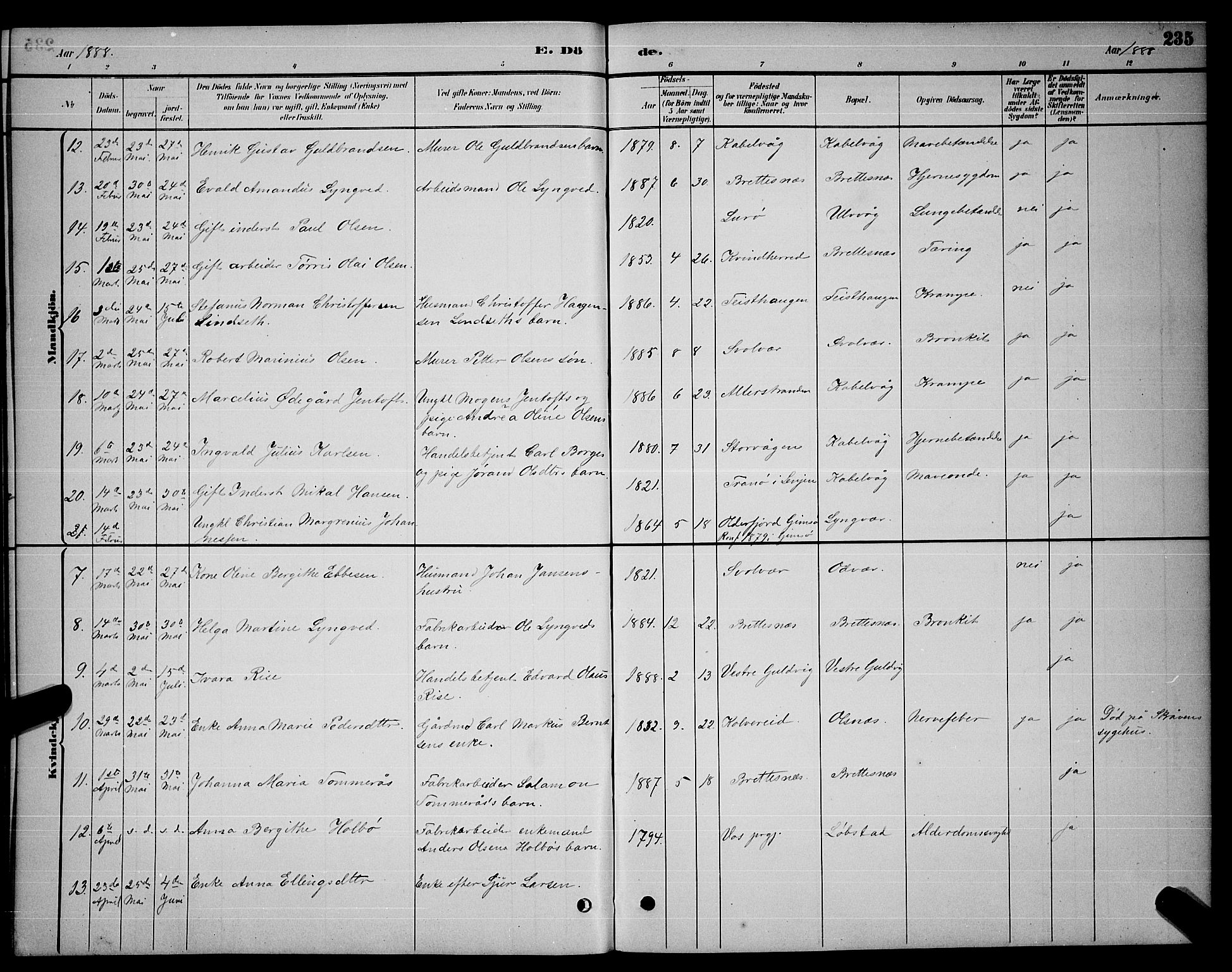 Ministerialprotokoller, klokkerbøker og fødselsregistre - Nordland, SAT/A-1459/874/L1076: Parish register (copy) no. 874C05, 1884-1890, p. 235