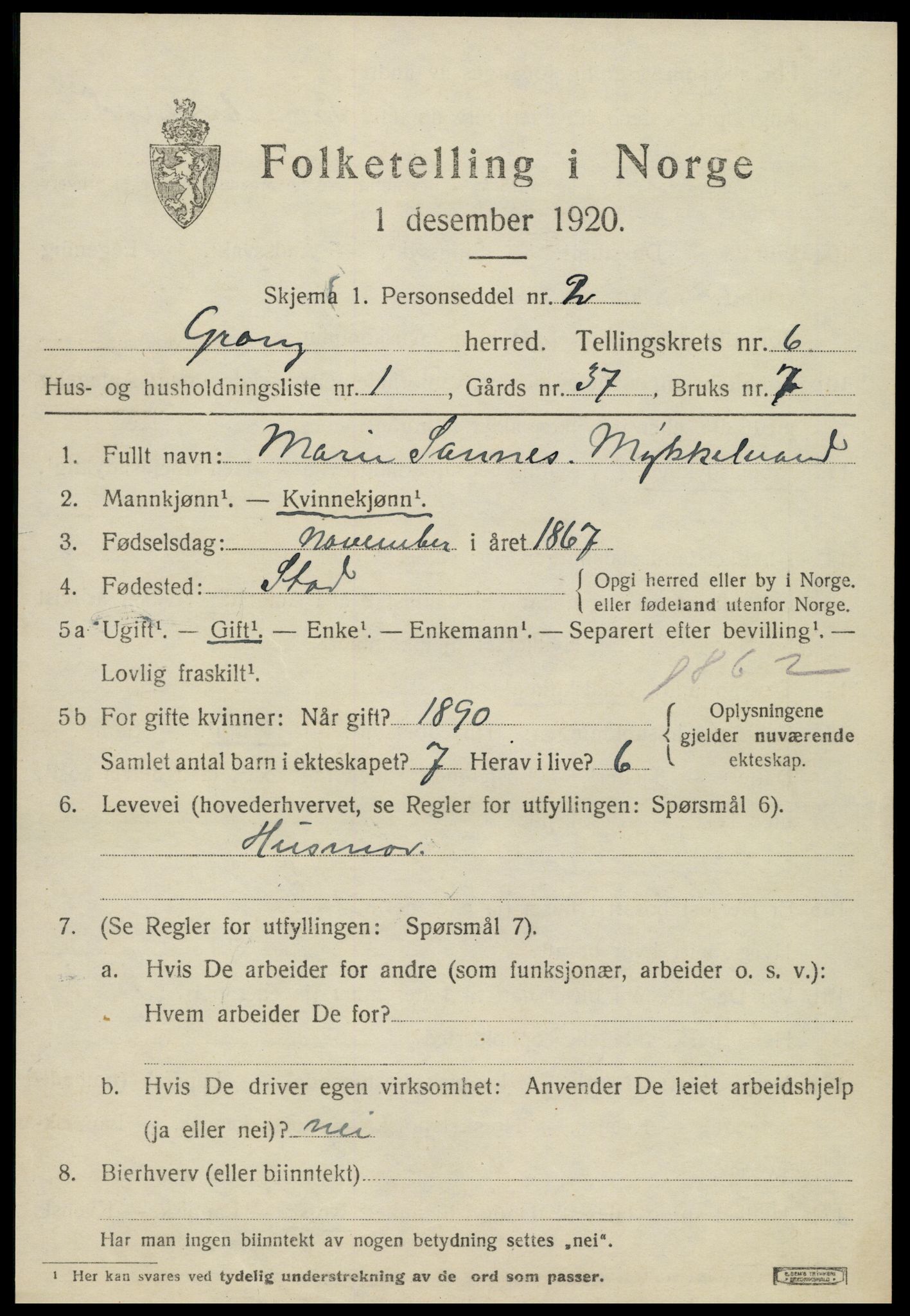 SAT, 1920 census for Grong, 1920, p. 3551