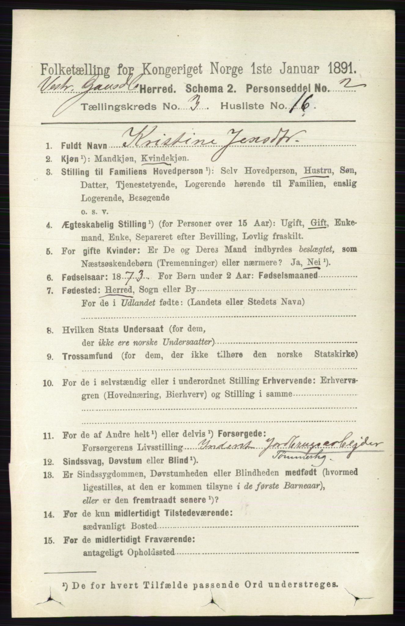 RA, 1891 census for 0523 Vestre Gausdal, 1891, p. 1350