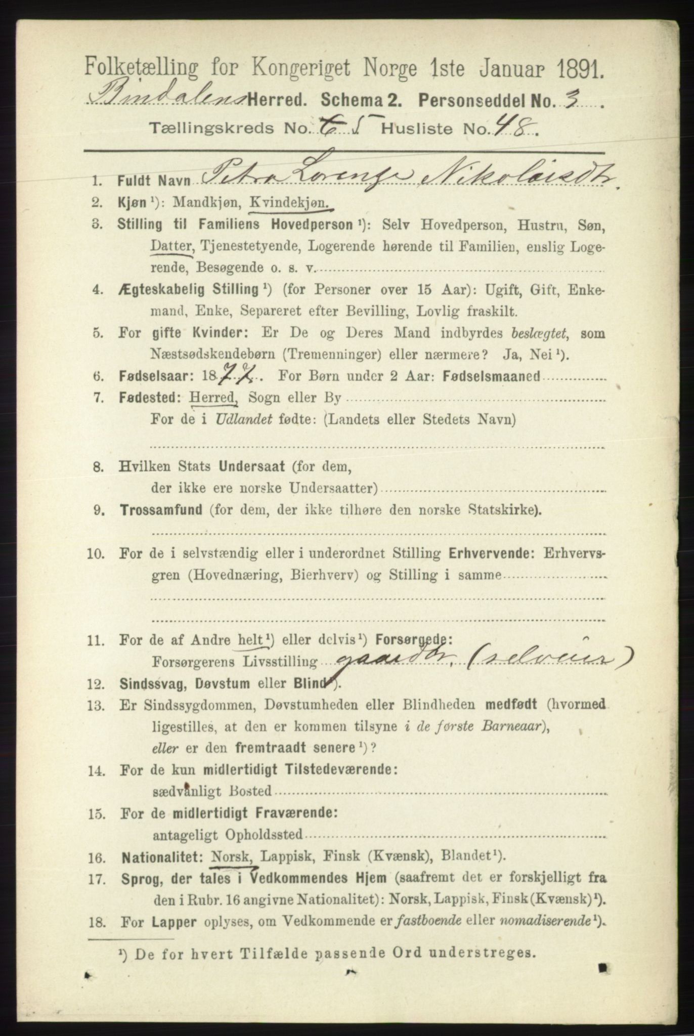 RA, 1891 census for 1811 Bindal, 1891, p. 1501